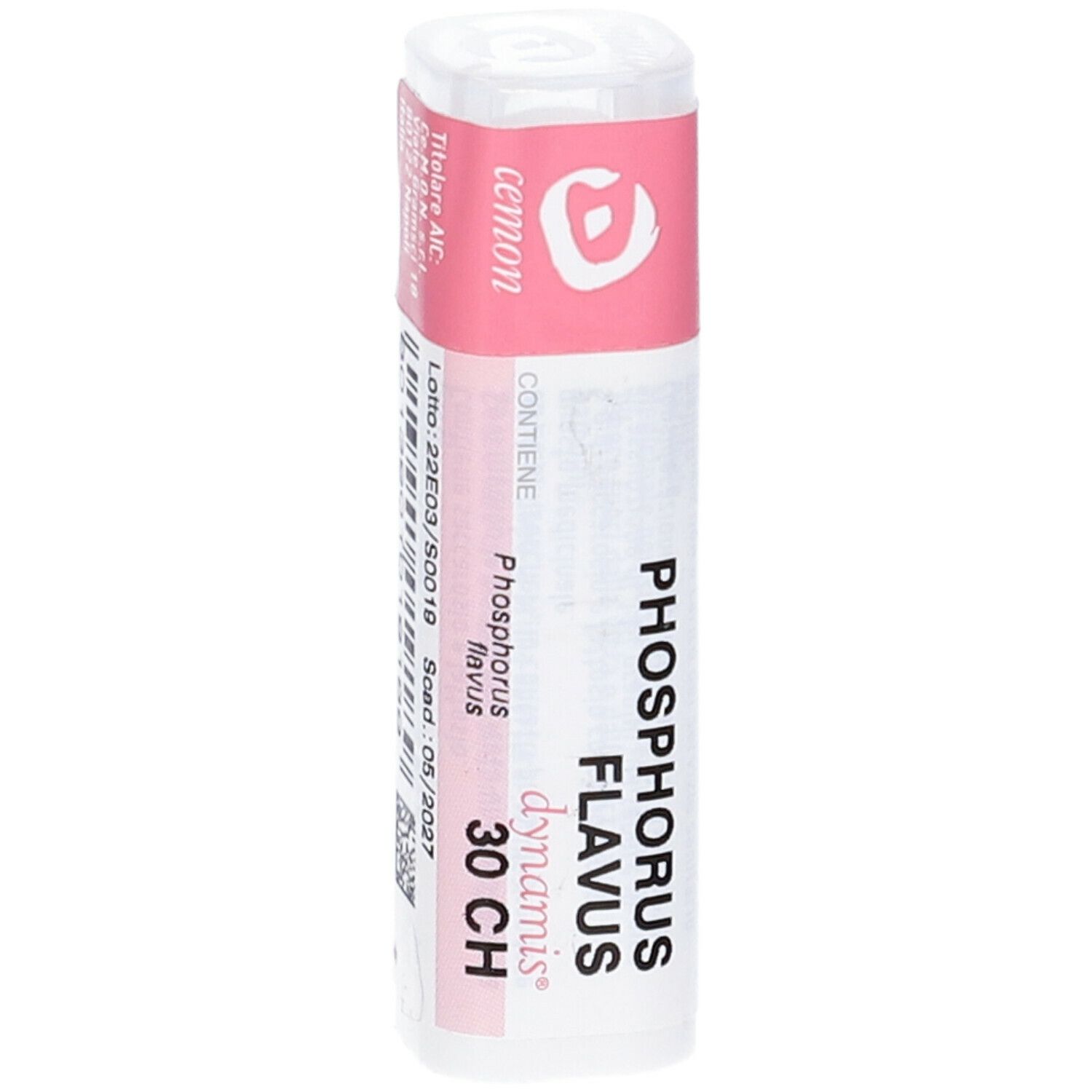 Confezione cilindrica con etichetta rosa. Testo: Phosphorus Flavus 30 CH, Cemon.