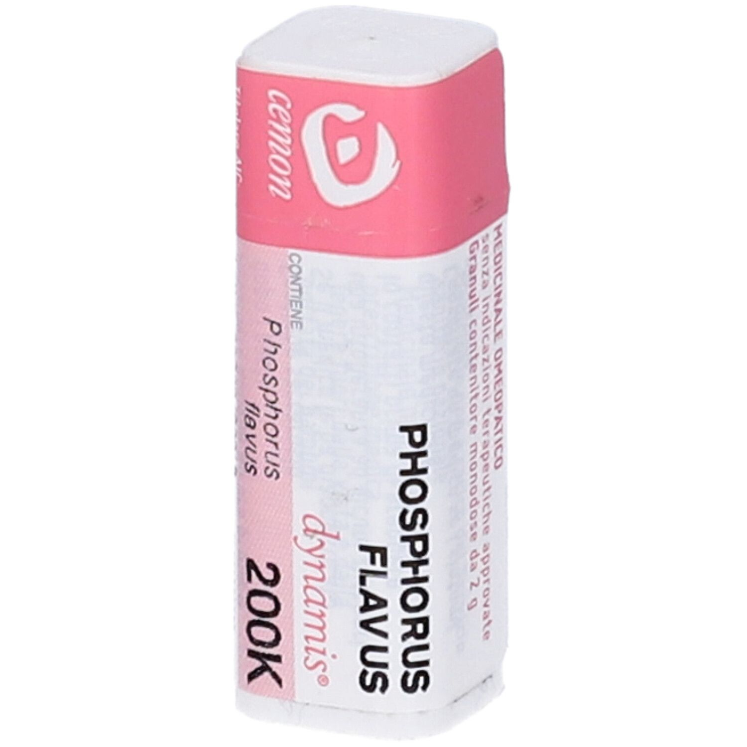 Confezione rettangolare con etichetta rosa e bianca. Scritte: Phosphorus flavus 200K, cemon, dynamis.