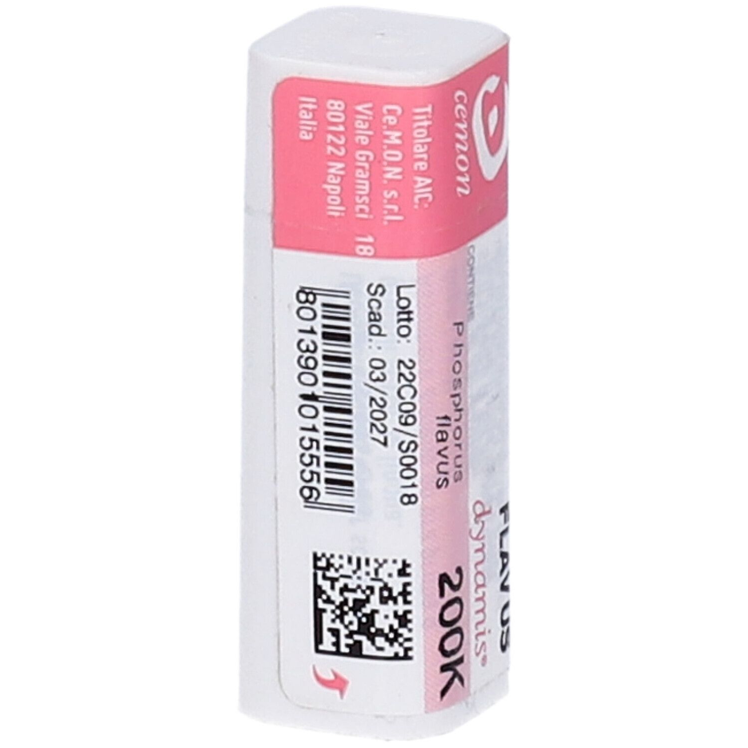 Confezione rettangolare con etichetta rosa e bianca. Scritte: Phosphorus flavus 200K, cemon, dynamis.