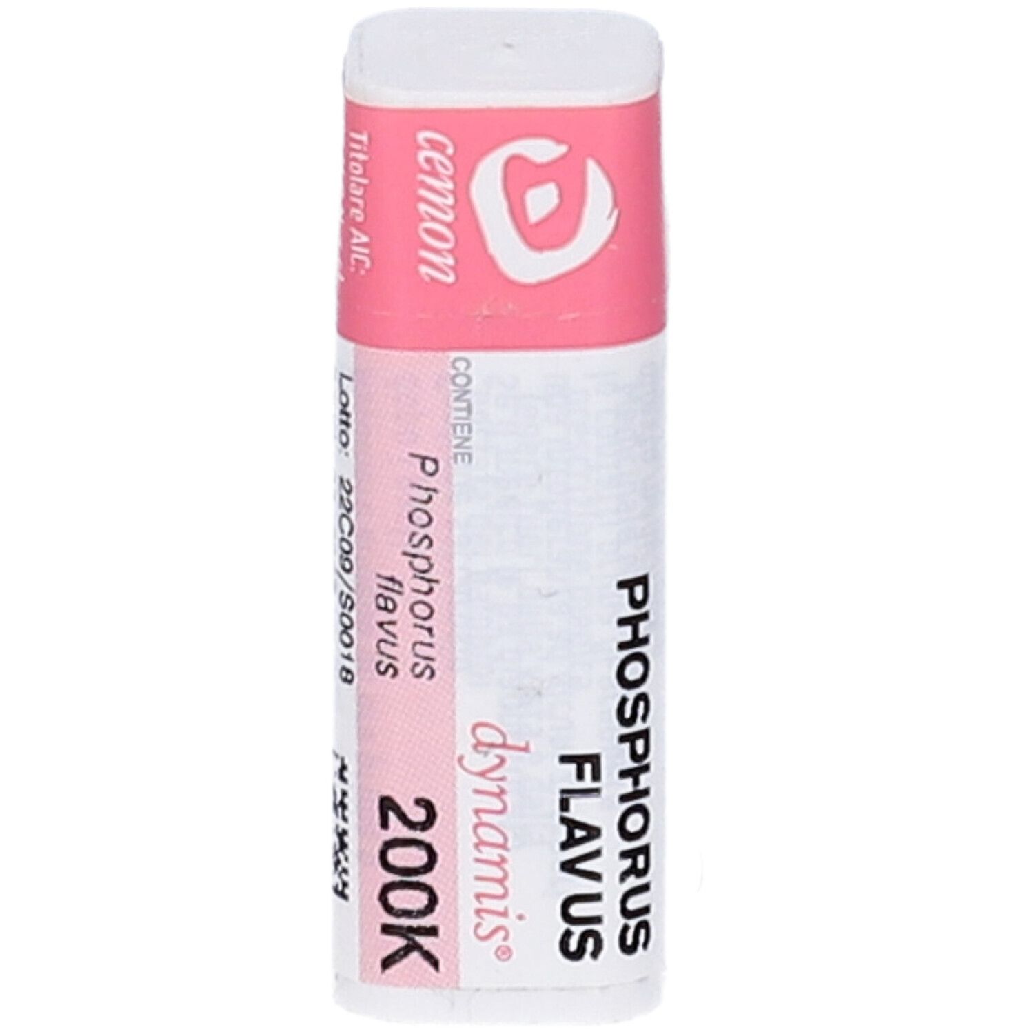 Confezione cilindrica con etichetta rosa e bianca. Scritte: Phosphorus flavus 200K, cemon, dynamis.