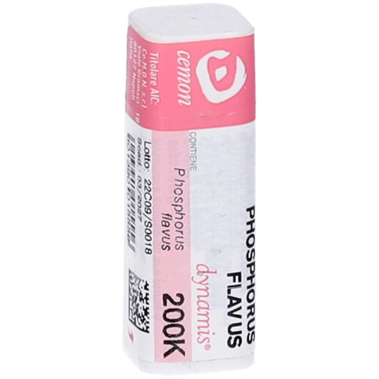 Confezione cilindrica con etichetta rosa e bianca. Scritte: Phosphorus flavus 200K, cemon, dynamis.