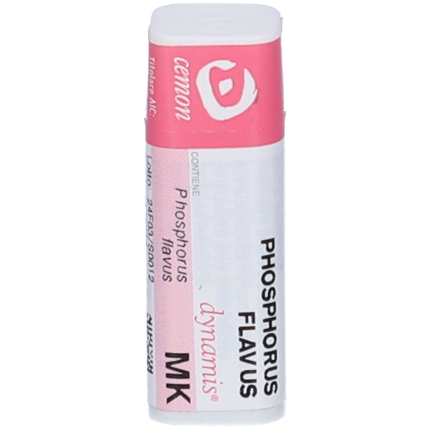 Confezione cilindrica con etichetta rosa e bianca. Contiene "Cemon Phosphorus Flavus dynamis MK".