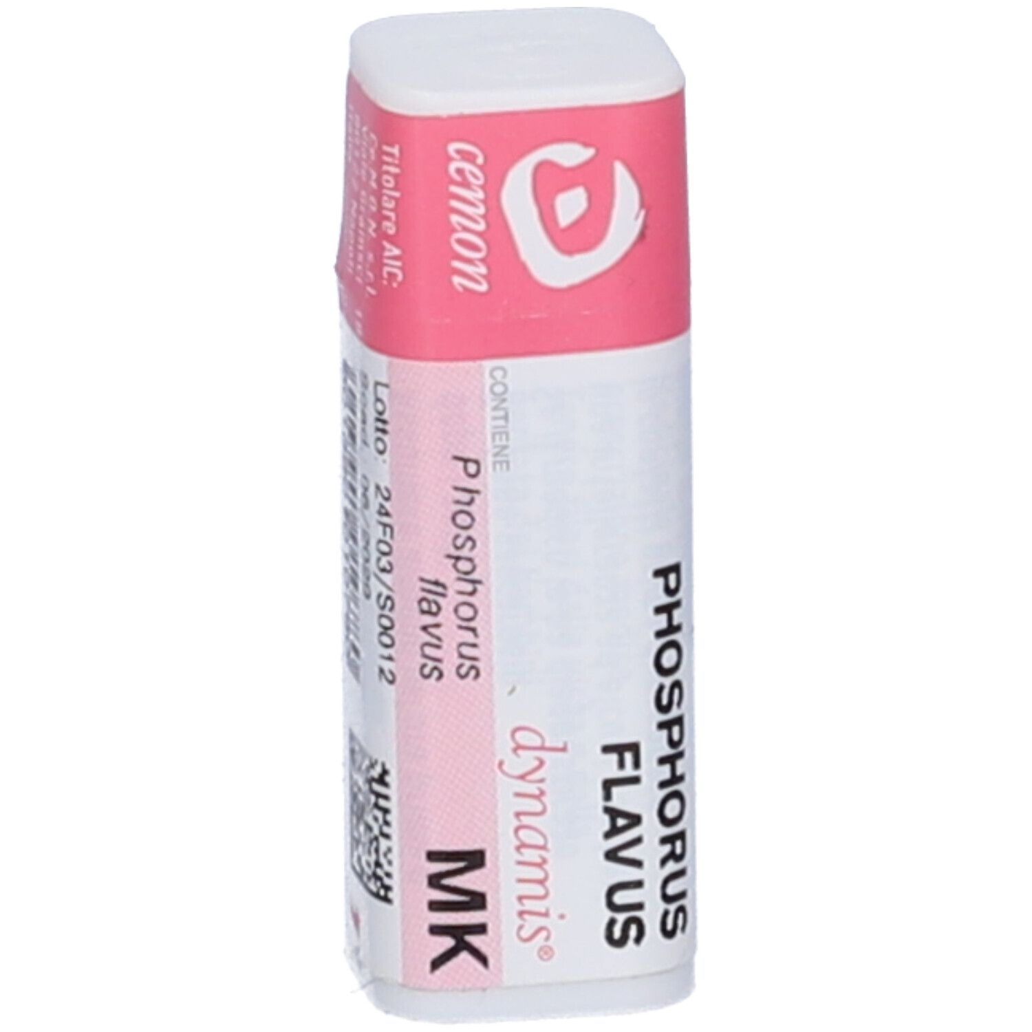 Confezione cilindrica con etichetta rosa e bianca. Contiene "Cemon Phosphorus Flavus dynamis MK".