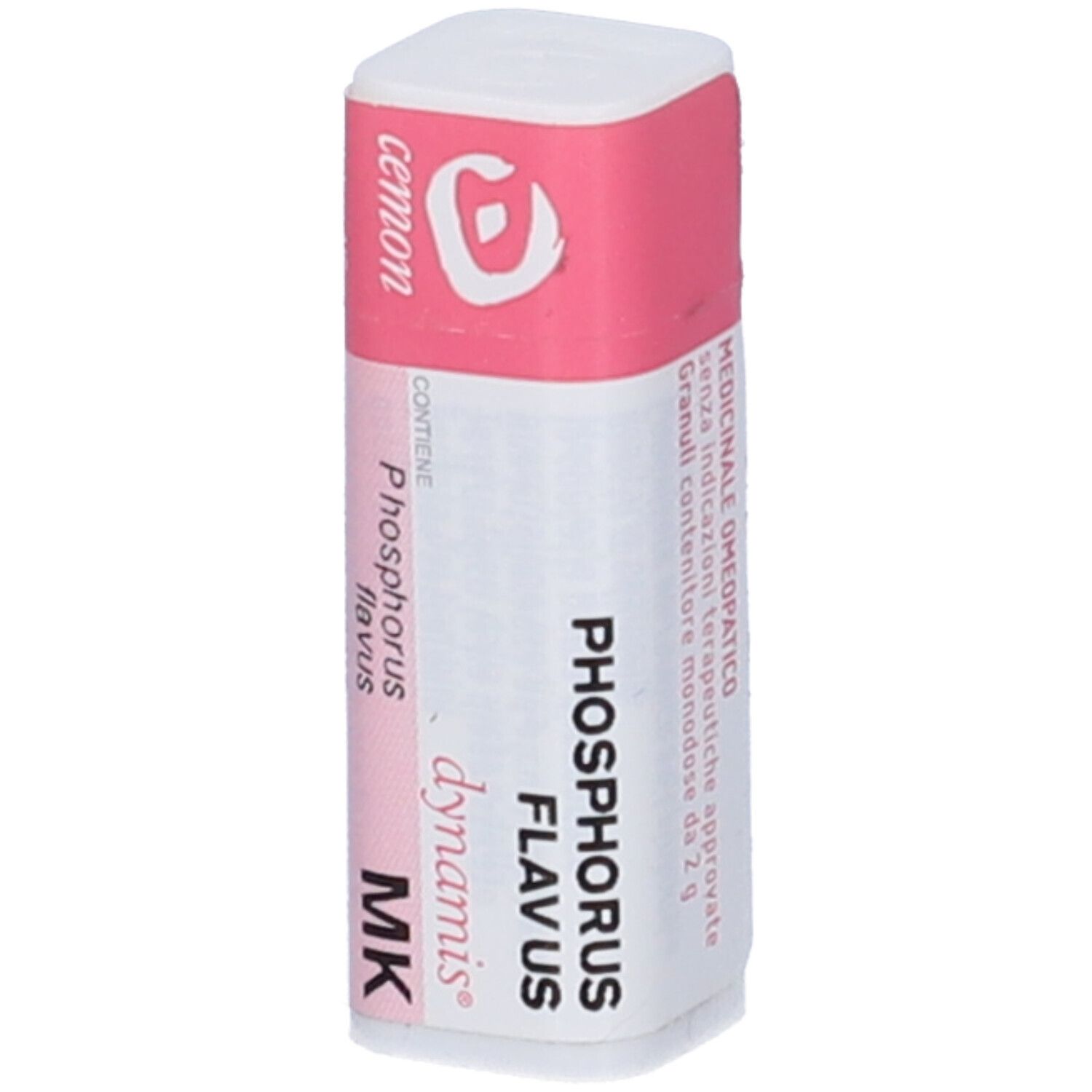 Confezione cilindrica con etichetta rosa e bianca. Contiene "Phosphorus Flavus" e "Medicinale omeopatico".