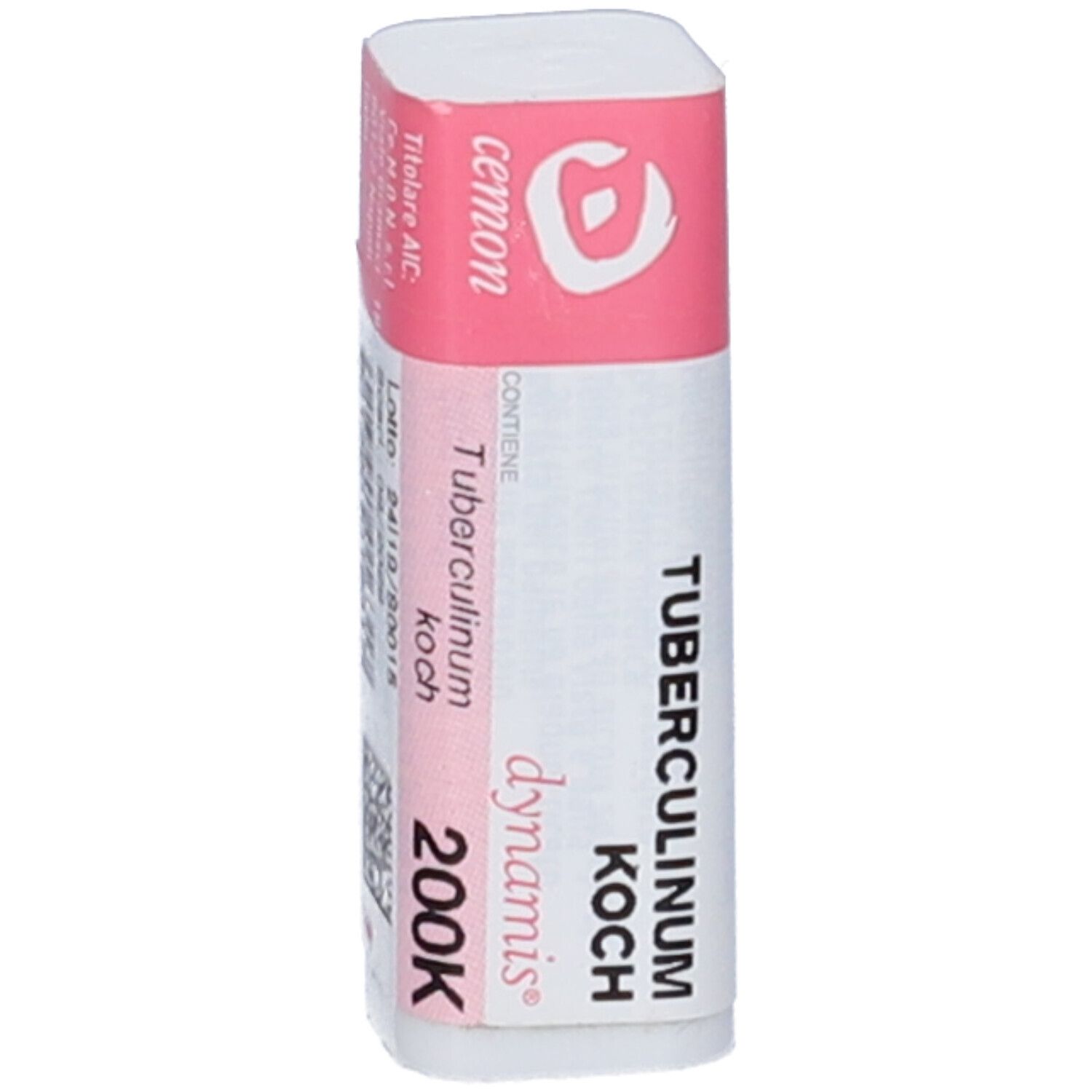 Confezione cilindrica con etichetta rosa e bianca. Scritta: Tubercolinum Koch 200K, dynamis, cemon.