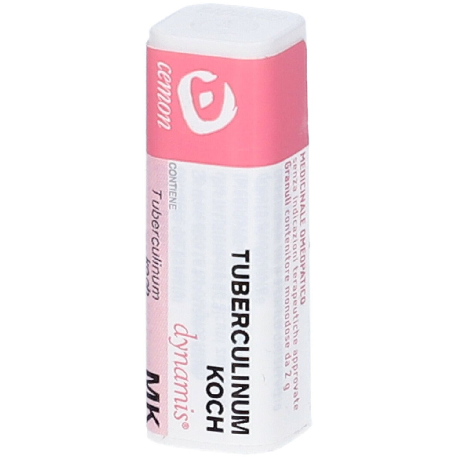 Confezione rettangolare bianca con etichetta rosa. Scritte: Tubercolinum Koch, cemon, dynamis. Informazioni prodotto.