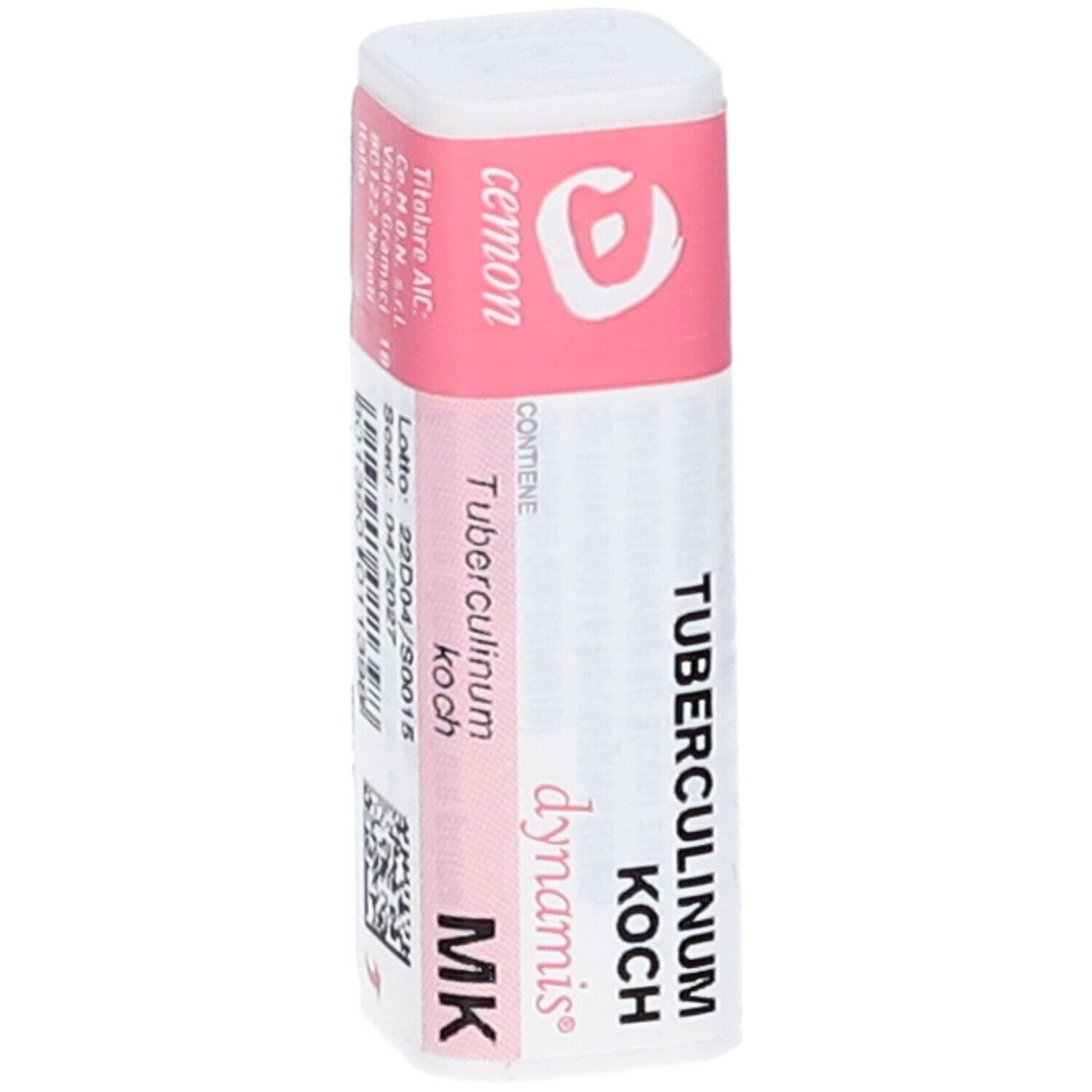 Confezione rettangolare bianca con etichetta rosa. Scritte: Tubercolinum Koch, cemon, dynamis. Numero lotto.