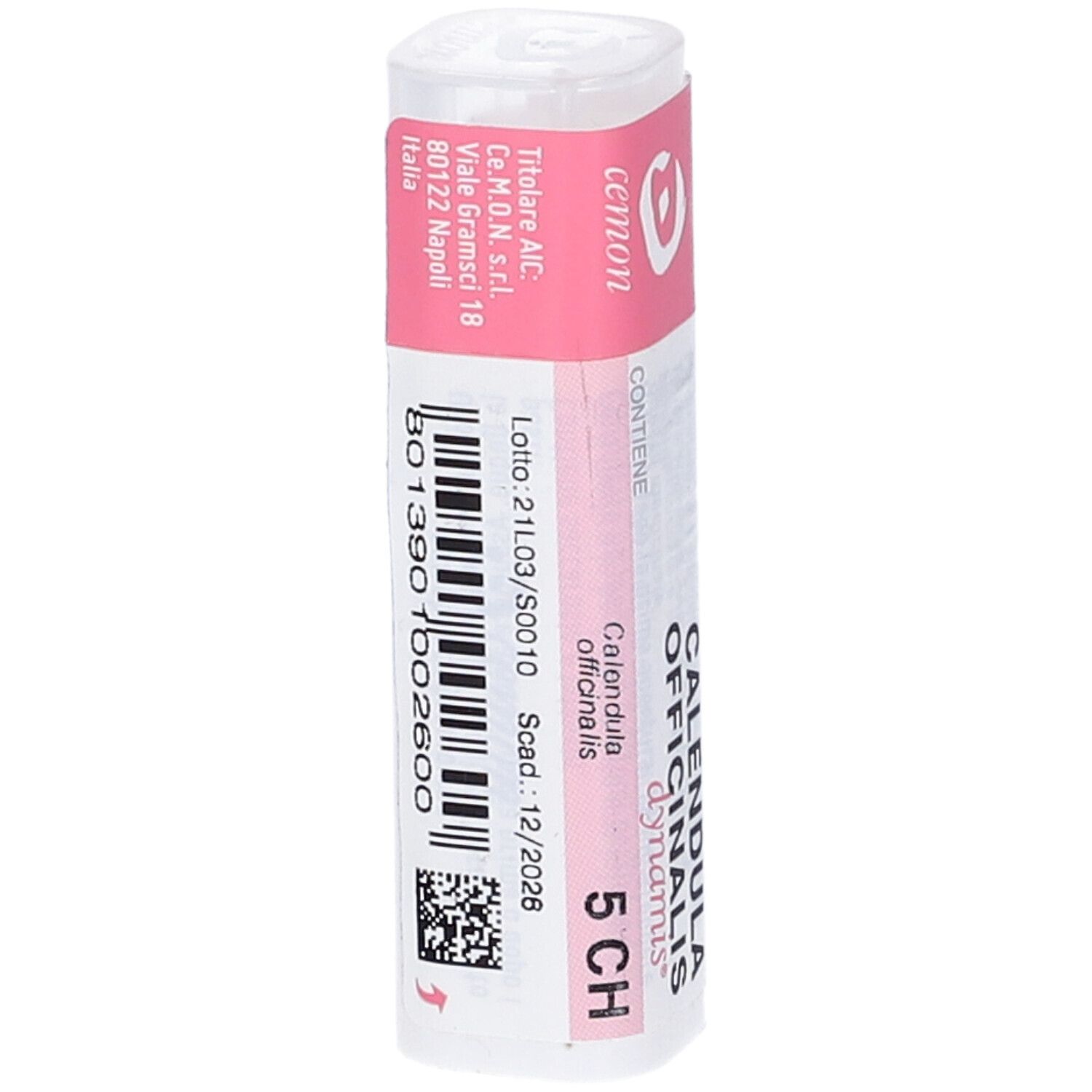 Confezione cilindrica bianca con etichetta rosa. Scritta: Calendula Officinalis 5 CH, codice a barre.