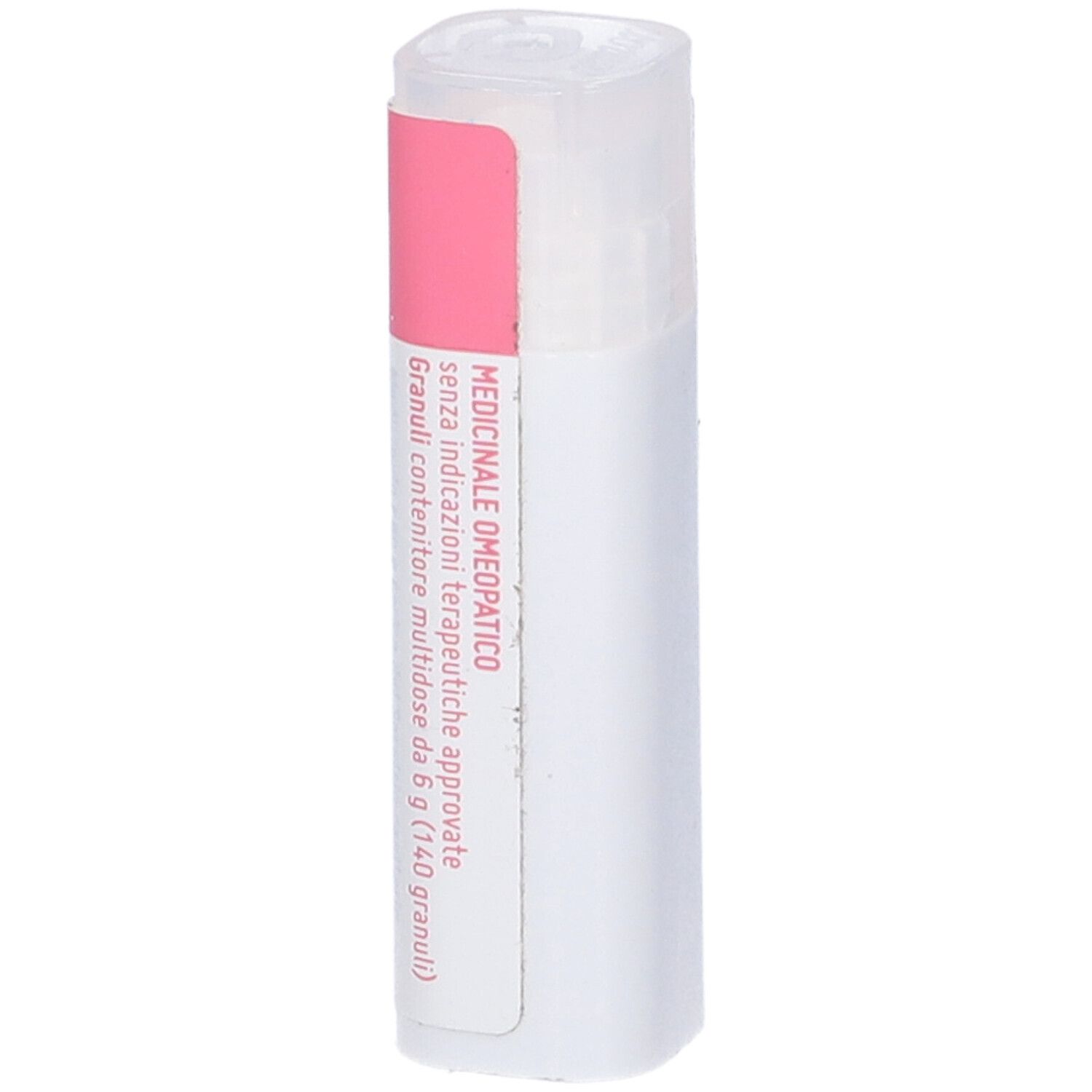 Confezione cilindrica bianca con etichetta rosa. Scritta: Medicinale omeopatico.