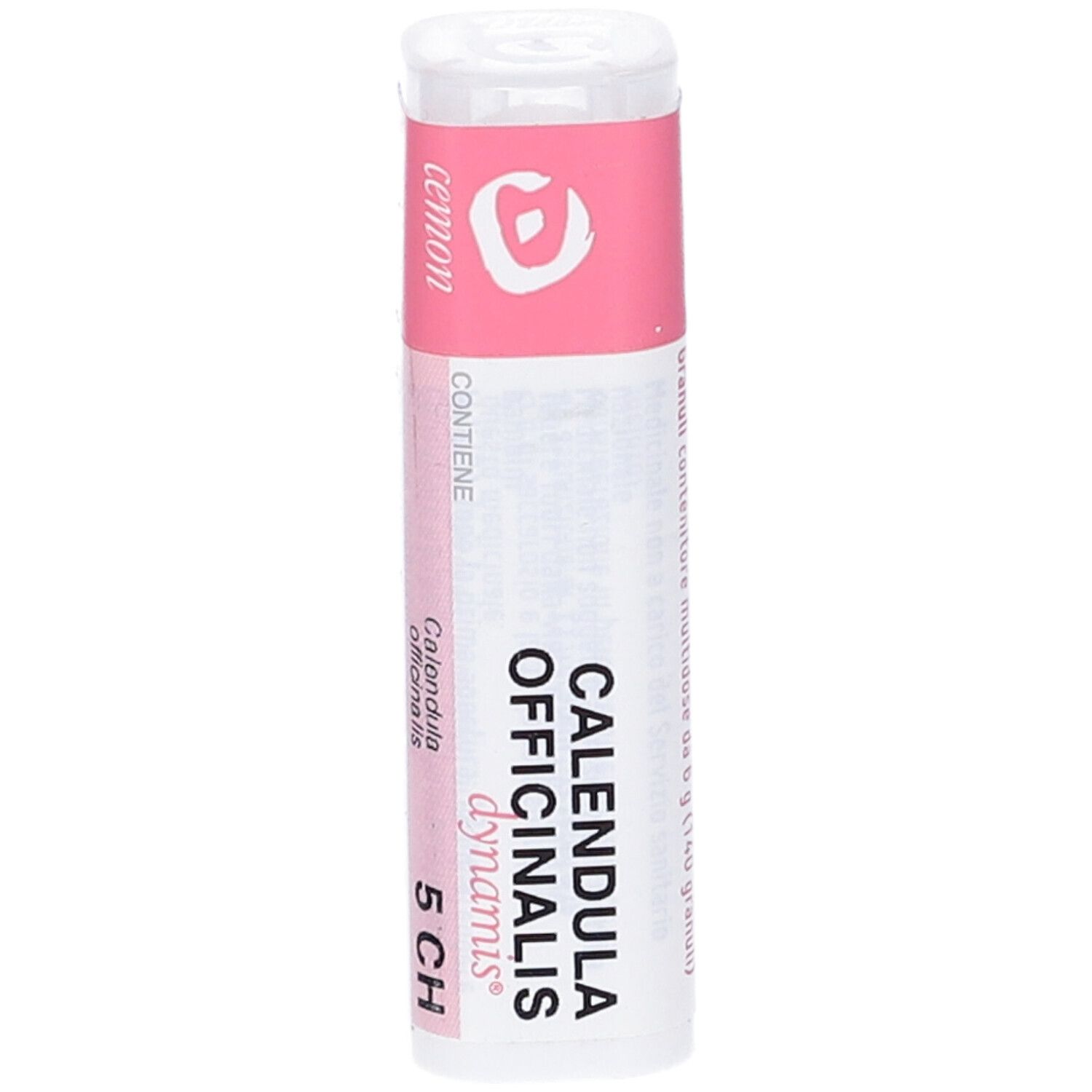 Confezione cilindrica bianca con etichetta rosa. Scritta: cemon, Calendula Officinalis dynamis, 5 CH.