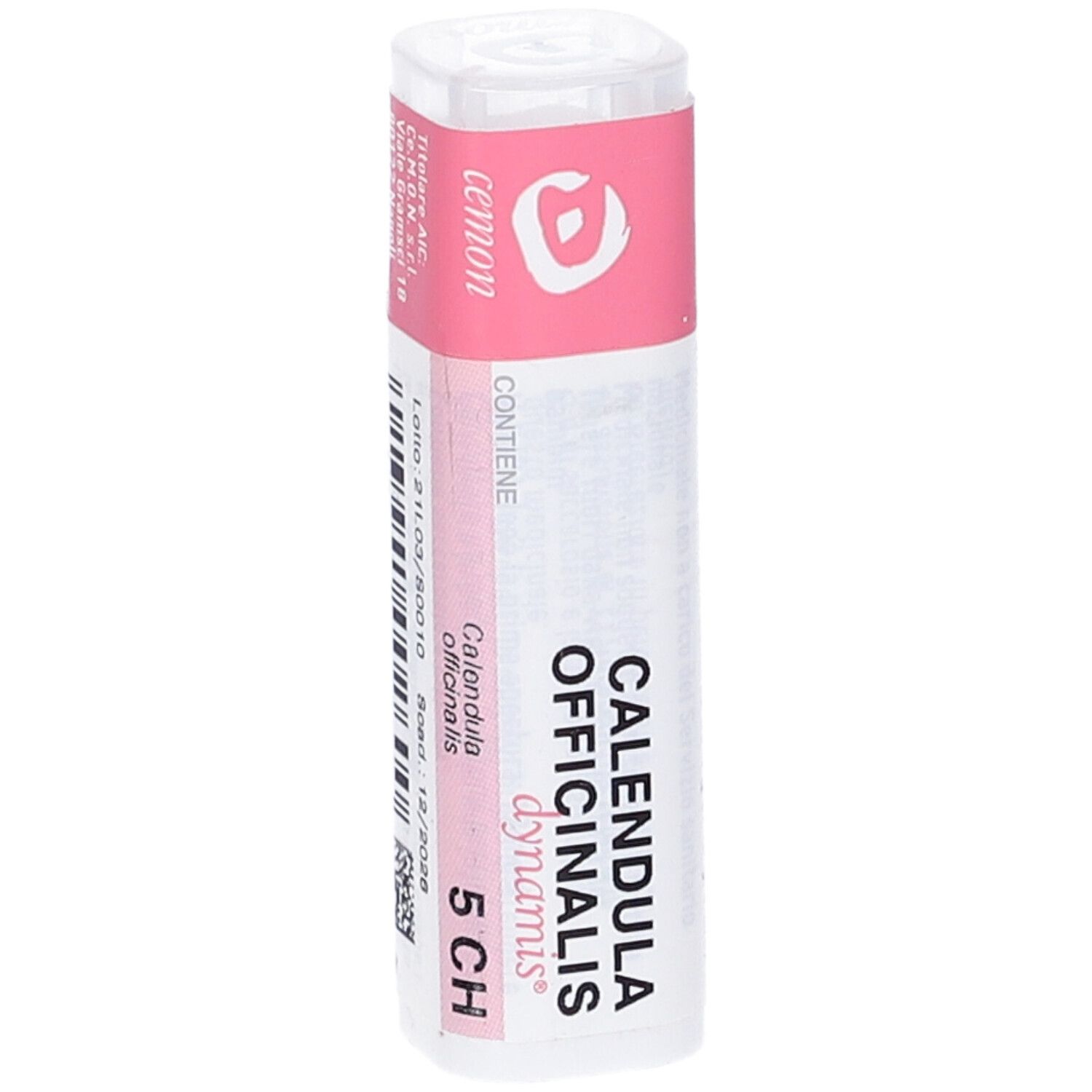 Confezione cilindrica bianca con etichetta rosa. Scritta: Calendula Officinalis dynamis, 5 CH, codice a barre.