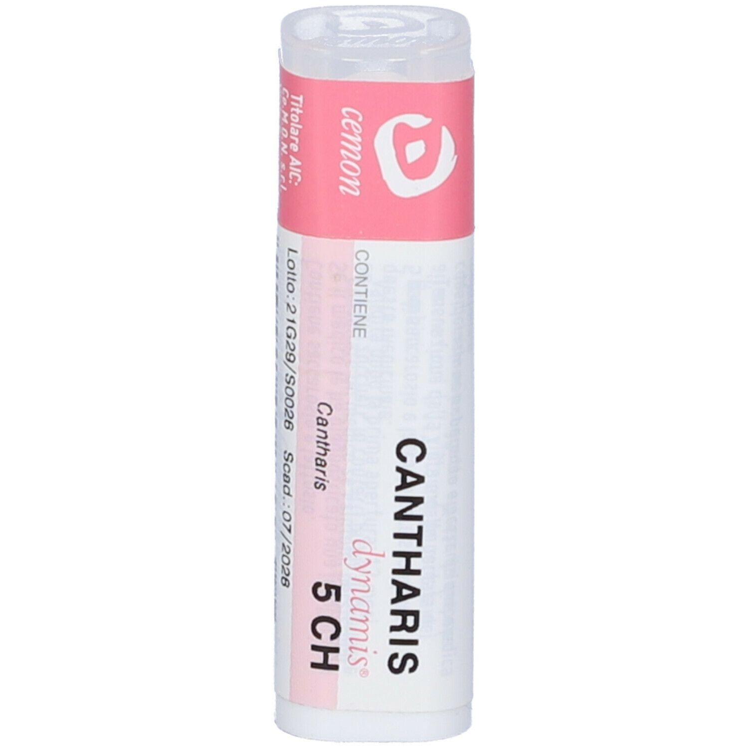 Flacone bianco con etichetta rosa. Scritta: Cemon, Cantharis dynamis 5 CH. Numero di lotto e scadenza.
