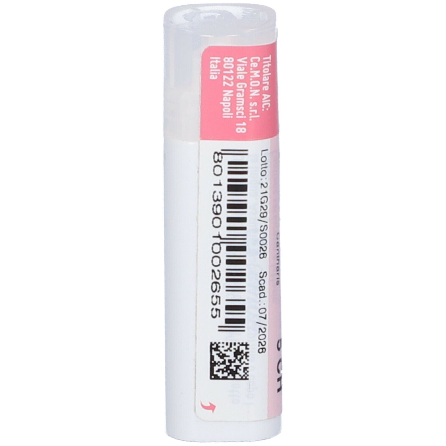 Flacone bianco con etichetta rosa. Scritta: Cemon, Cantharis dynamis 5 CH. Codice a barre e scadenza.