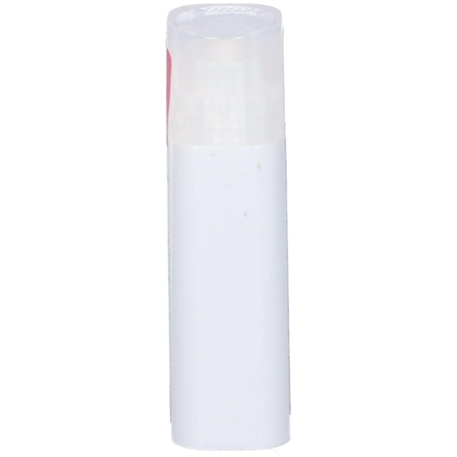 Flacone cilindrico bianco con coperchio trasparente.