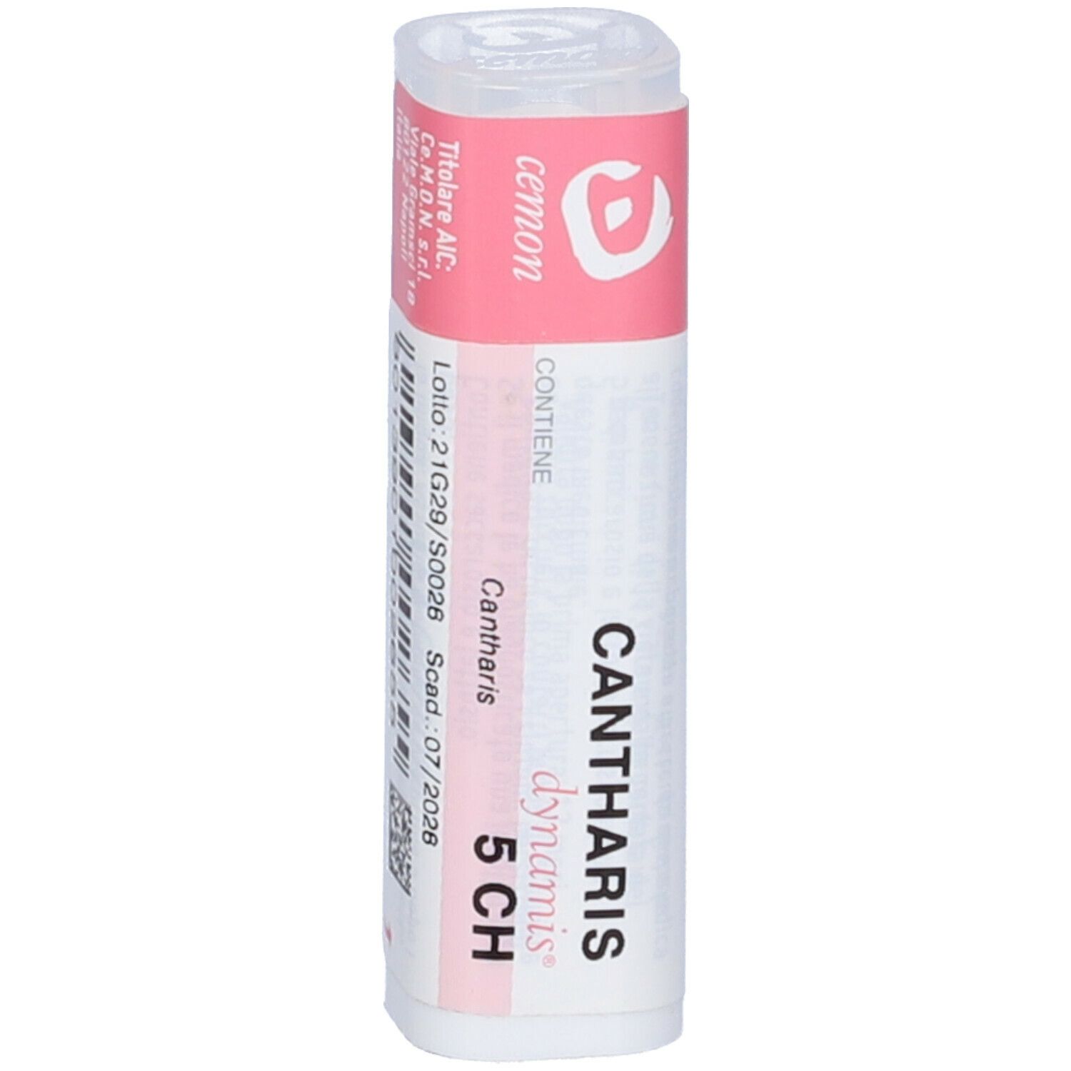 Flacone bianco con etichetta rosa. Scritta: Cemon, Cantharis dynamis 5 CH. Numero di lotto e scadenza.