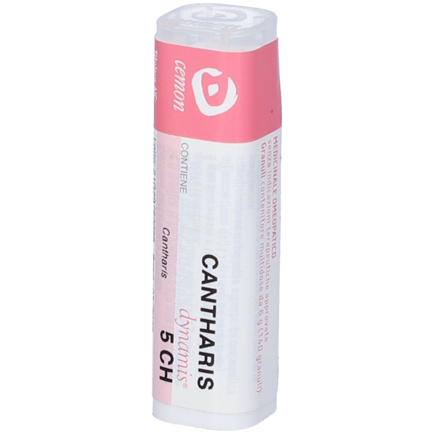Flacone bianco con etichetta rosa. Scritta: Cemon, Cantharis dynamis 5 CH. Informazioni aggiuntive.