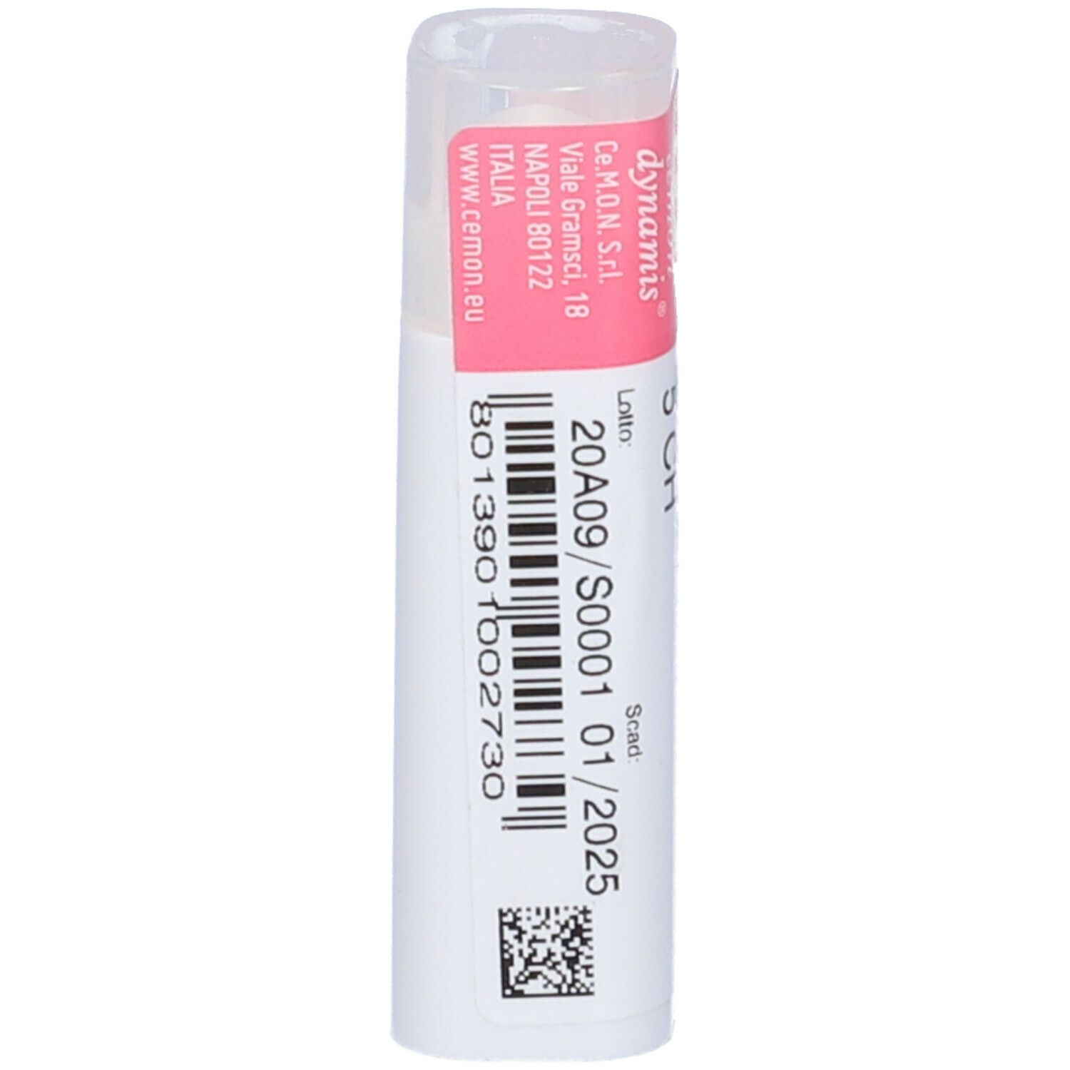 Flacone cilindrico con etichetta rosa. Scritta: 20A09/S0001 01/2025.