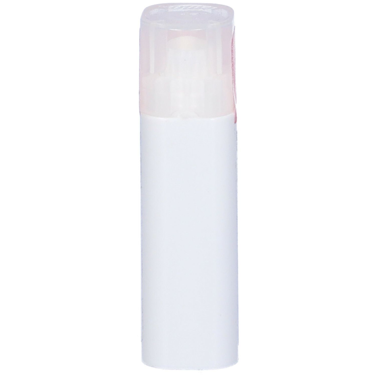 Flacone cilindrico bianco con coperchio trasparente.