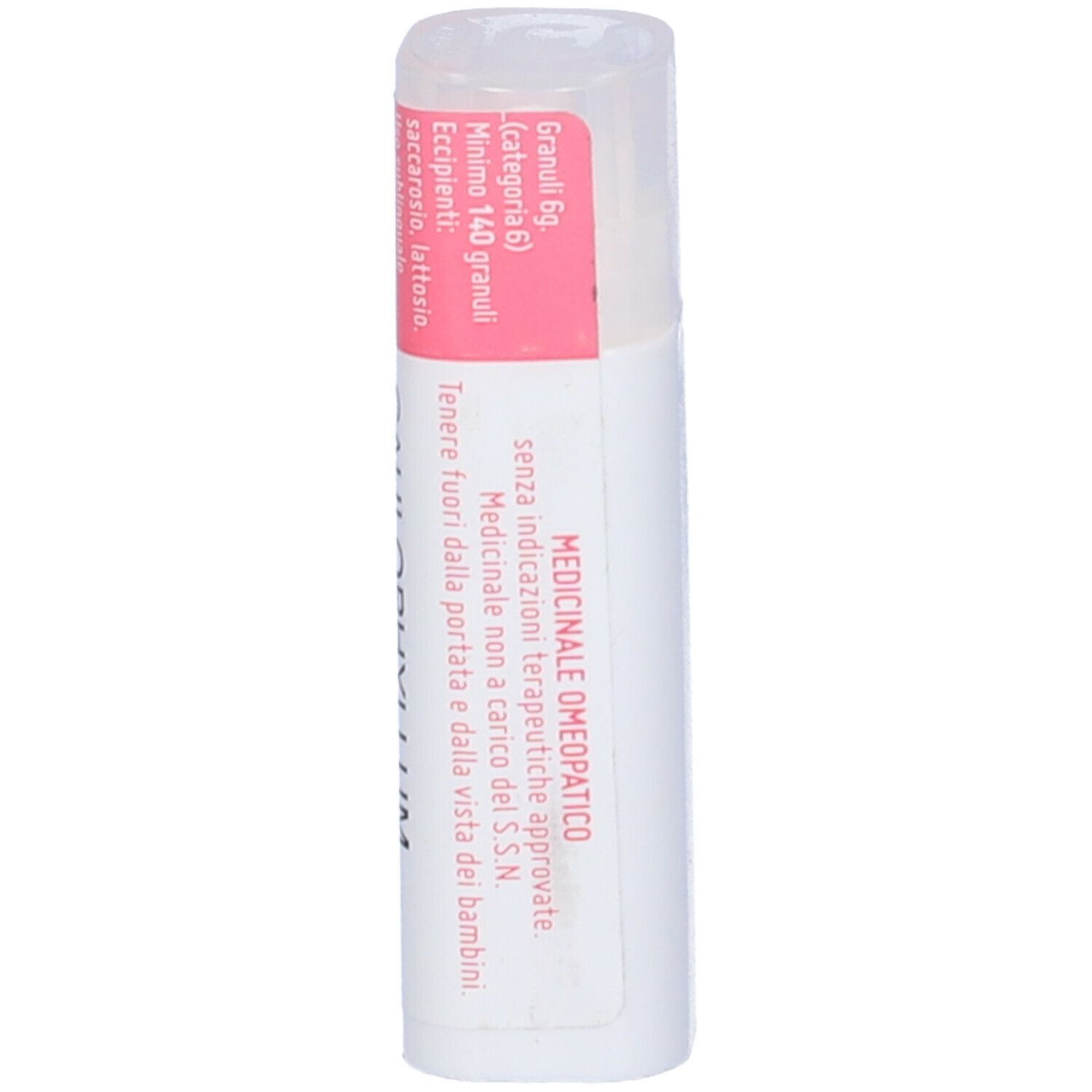 Flacone cilindrico con etichetta rosa. Scritta: Granuli 6g.