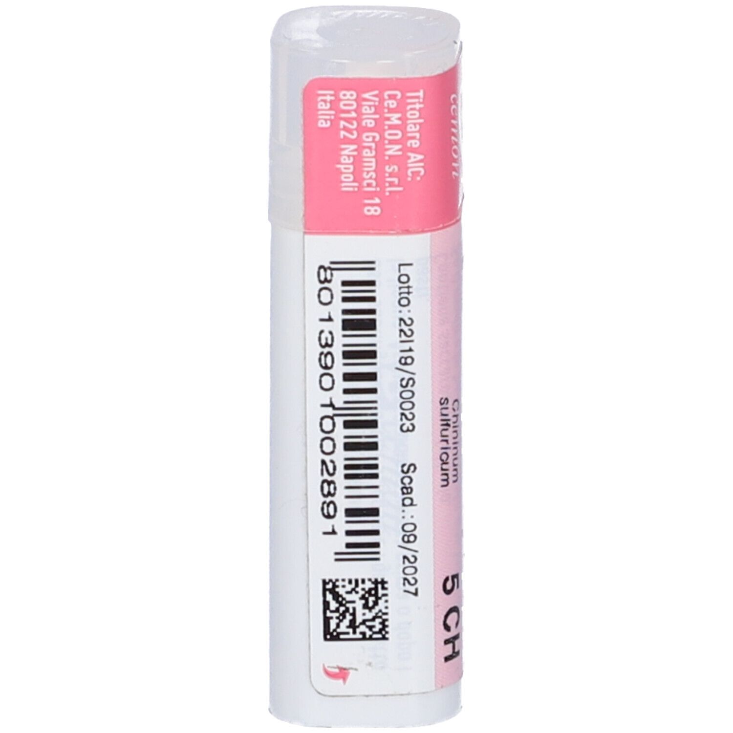 Confezione cilindrica con etichetta rosa e bianca. Scritta: Chininum sulfuricum 5 CH. Codice a barre e data di scadenza.