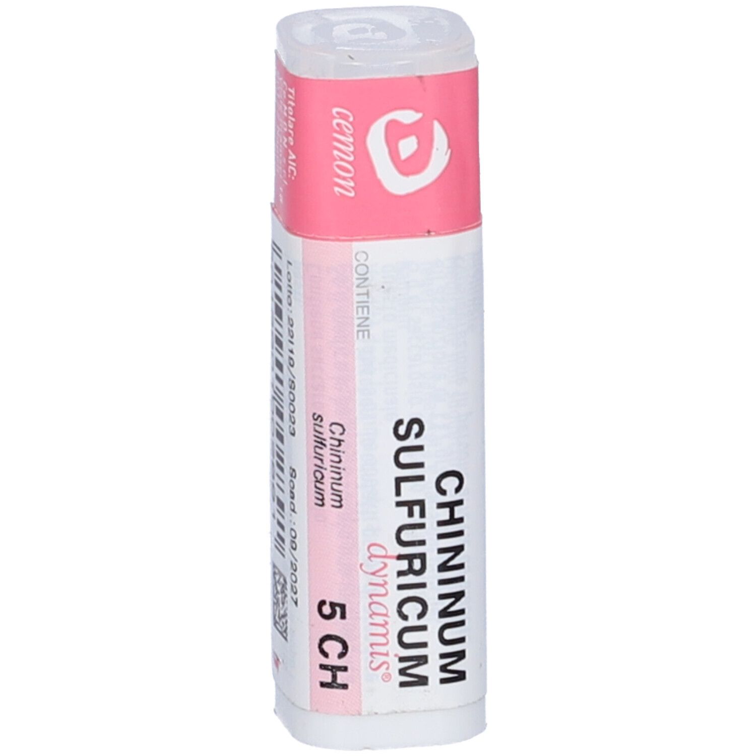 Confezione cilindrica con etichetta rosa e bianca. Scritta: Chininum sulfuricum 5 CH. Marchio: Cemon.
