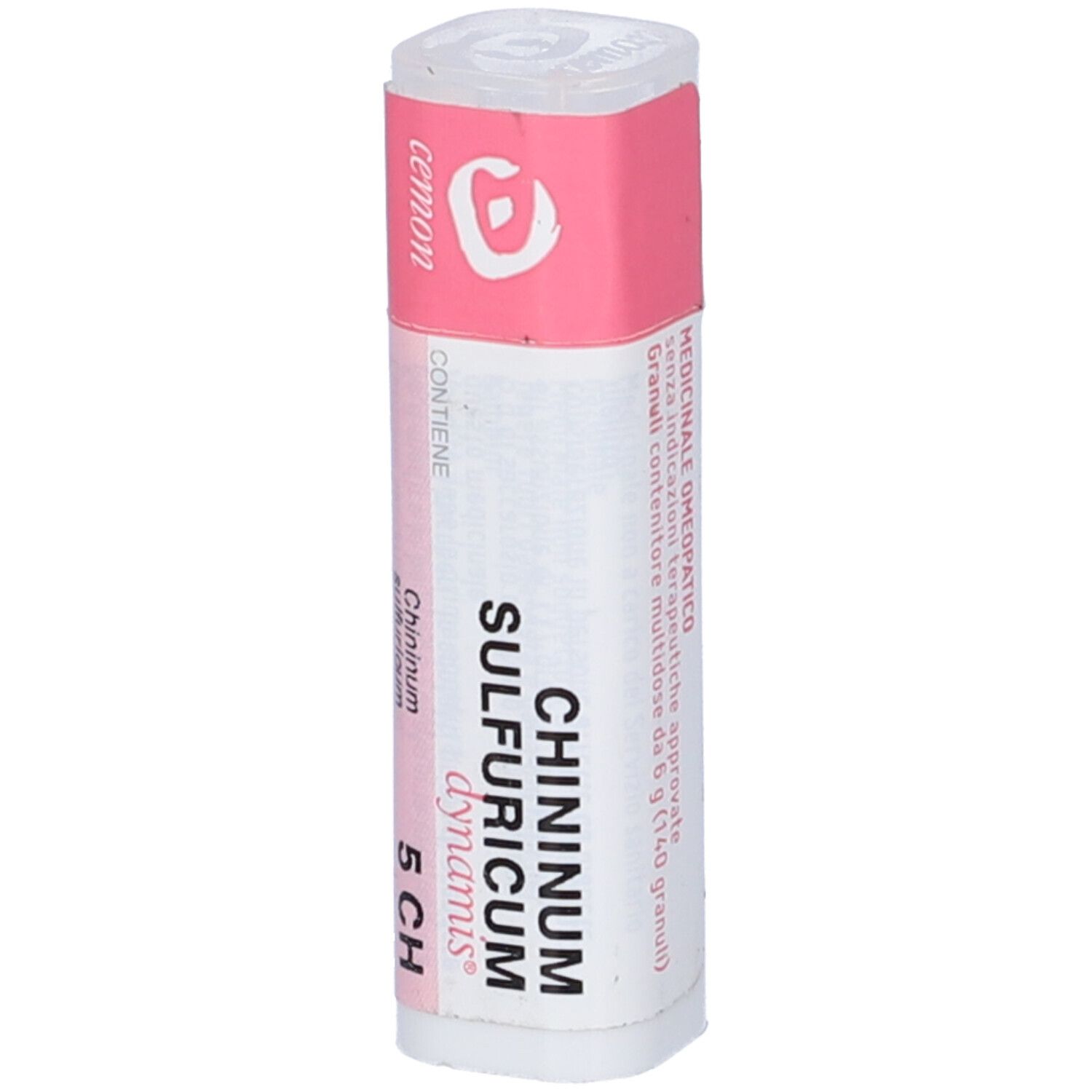 Confezione cilindrica con etichetta rosa e bianca. Scritta: Chininum sulfuricum 5 CH. Marchio: Cemon.