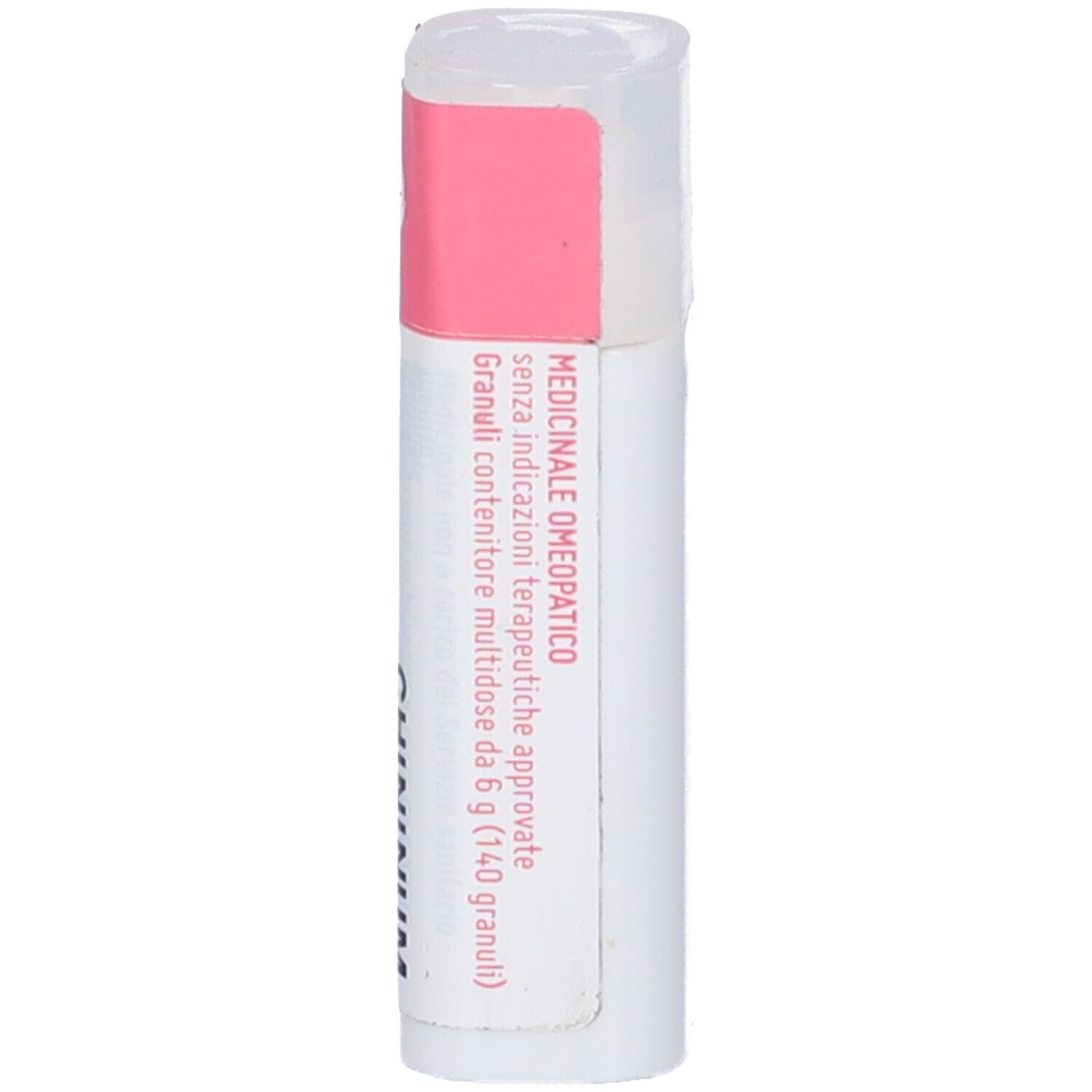 Confezione cilindrica con etichetta rosa e bianca. Scritta: Medicinale omeopatico. Nessun altro dettaglio.
