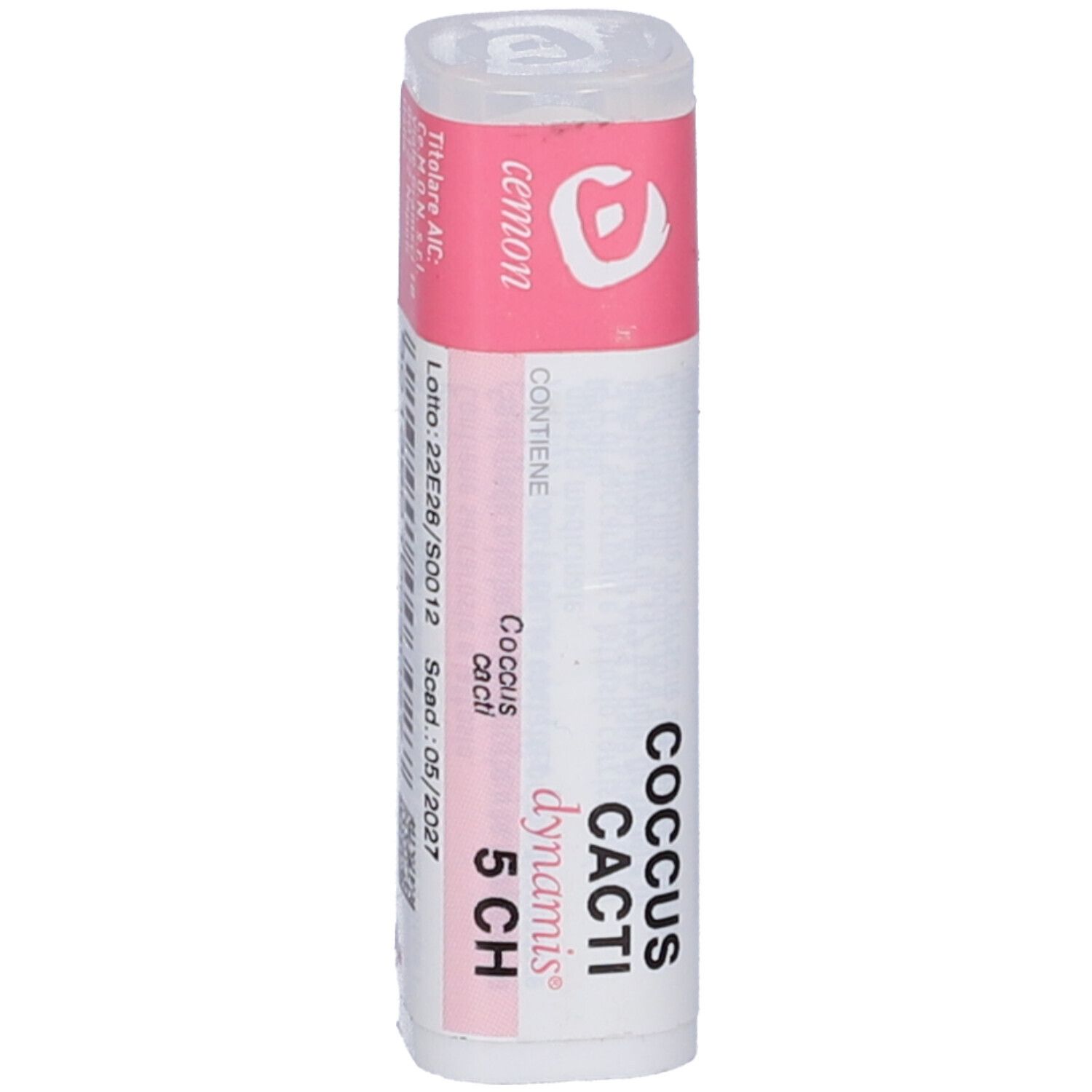 Confezione cilindrica con etichetta rosa. Scritte: Coccus Cacti 5 CH, cemon dynamis. Visibile: testo.