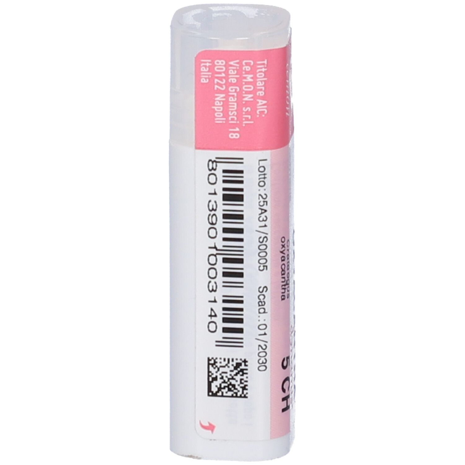 Confezione cilindrica con fascia rosa. Scritta: Crataegus Oxyacantha 5 CH. cemon dynamis.
