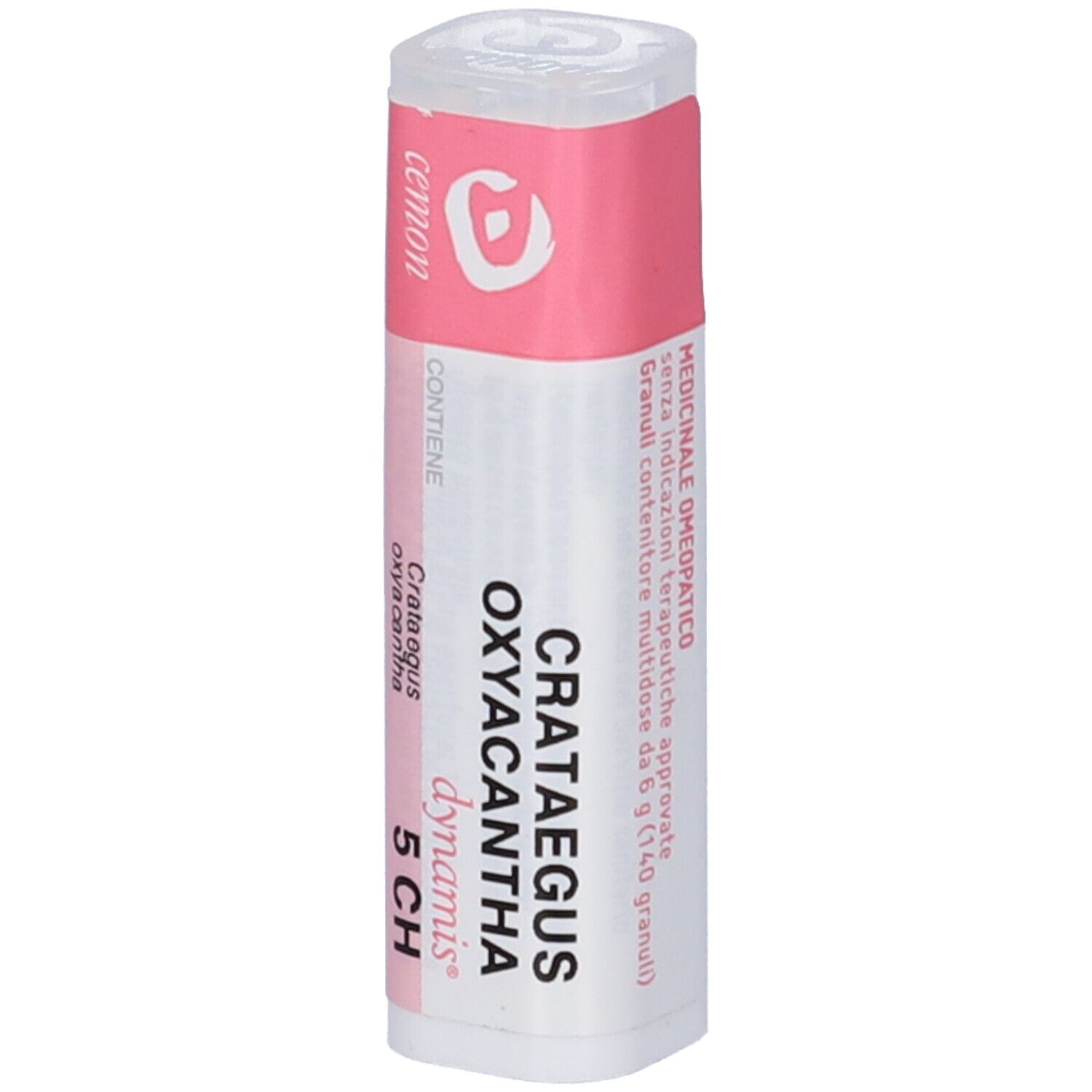 Confezione cilindrica con fascia rosa. Scritta: Crataegus Oxyacantha 5 CH. cemon dynamis.