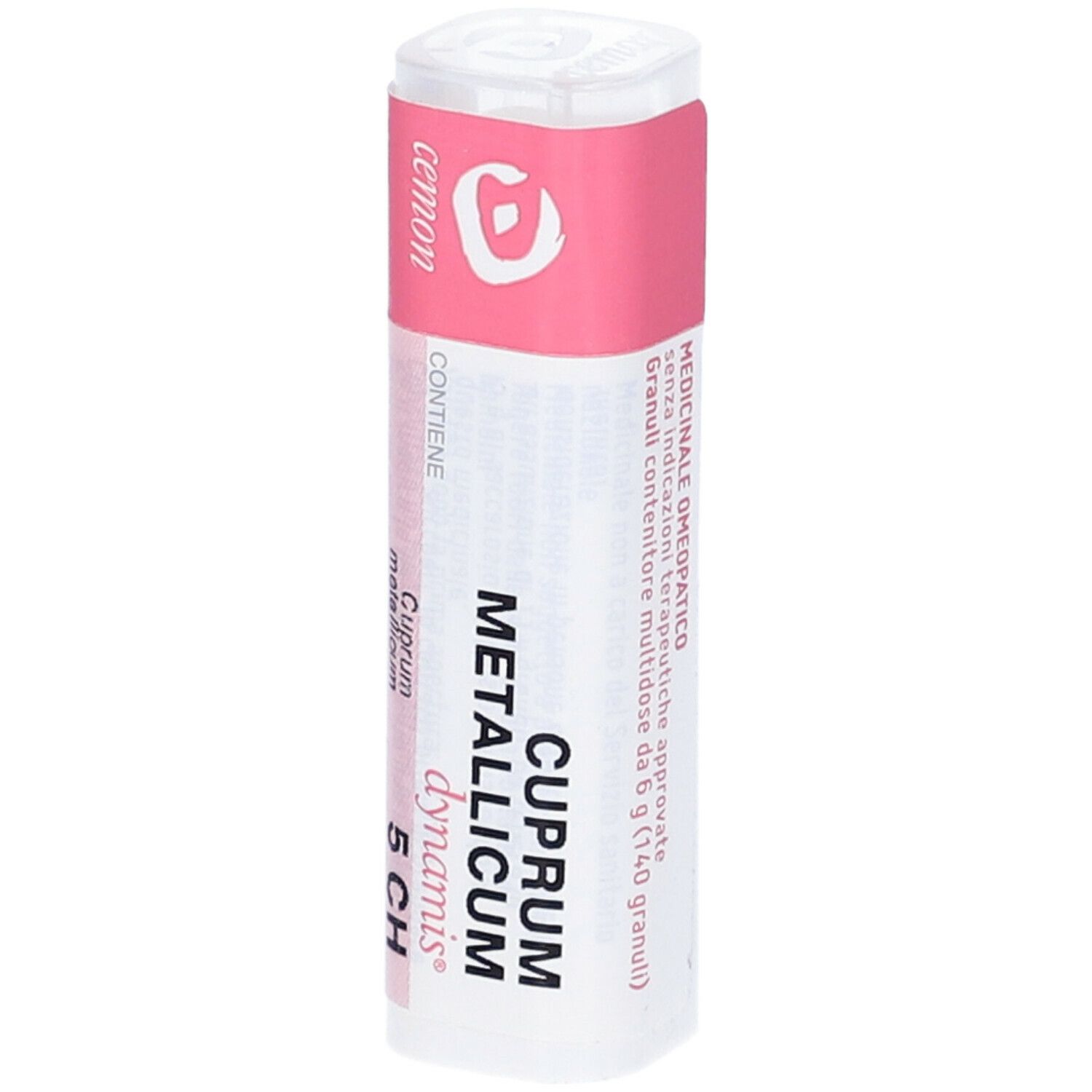 Confezione cilindrica con etichetta rosa e bianca. Scritta: Cuprum metallicum 5 CH.