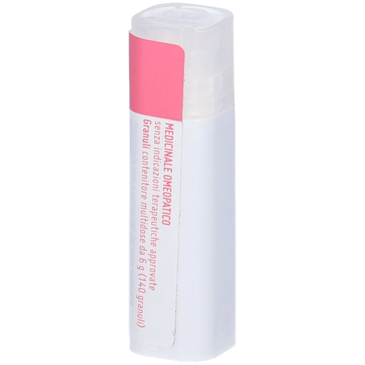 Confezione cilindrica con etichetta rosa e bianca. Scritta: MEDICINALE OMEOPATICO.