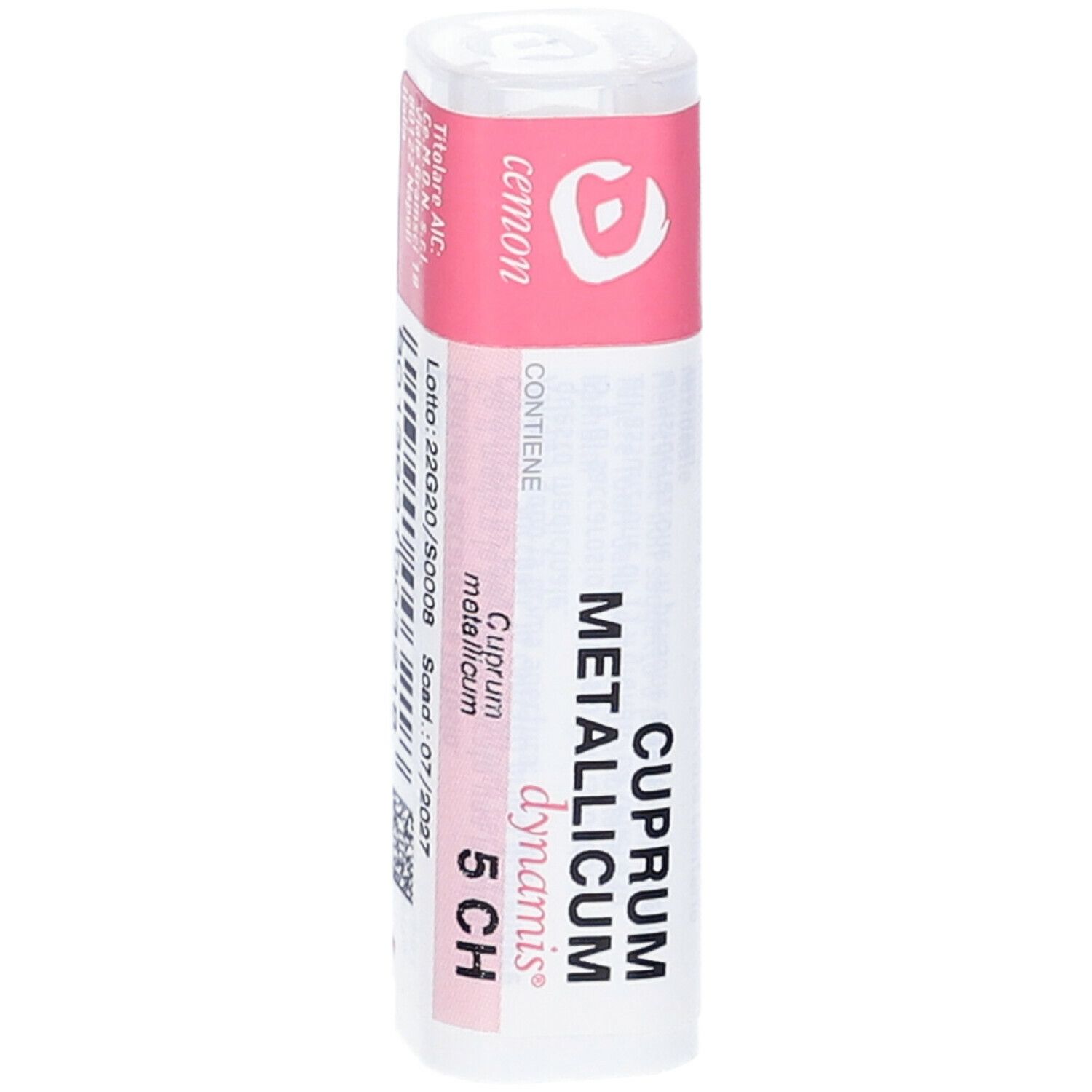 Confezione cilindrica con etichetta rosa e bianca. Scritta: Cuprum metallicum 5 CH, numero di lotto e scadenza.