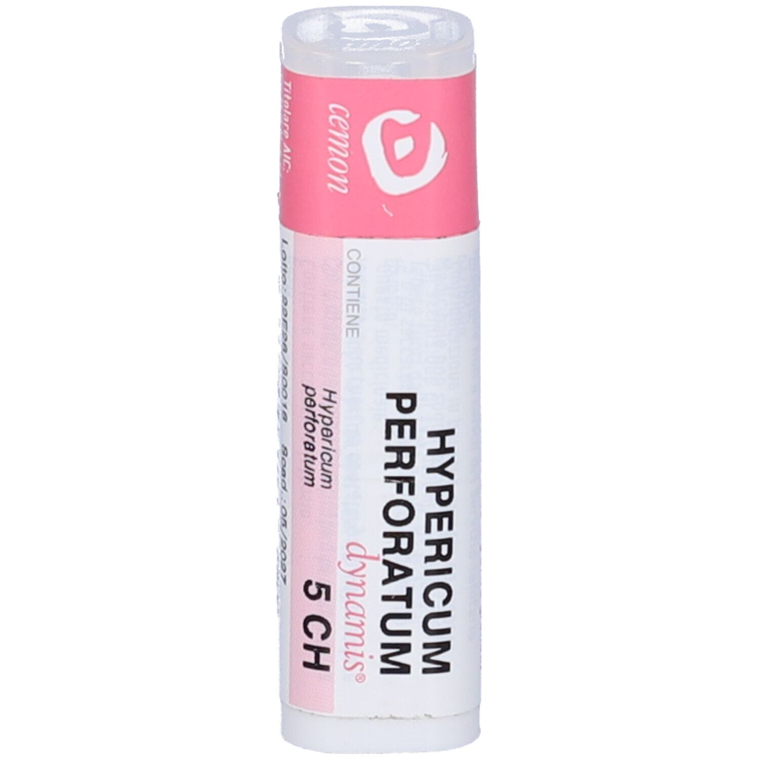 Flacone cilindrico con etichetta rosa. Scritta: Hypericum perforatum, 5 CH, dynamis.