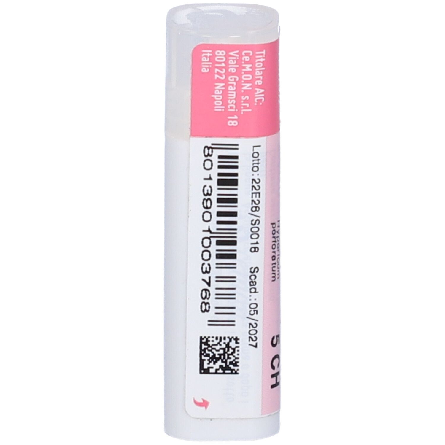 Flacone cilindrico con etichetta rosa. Scritta: Hypericum perforatum, 5 CH, dynamis, numero di lotto.