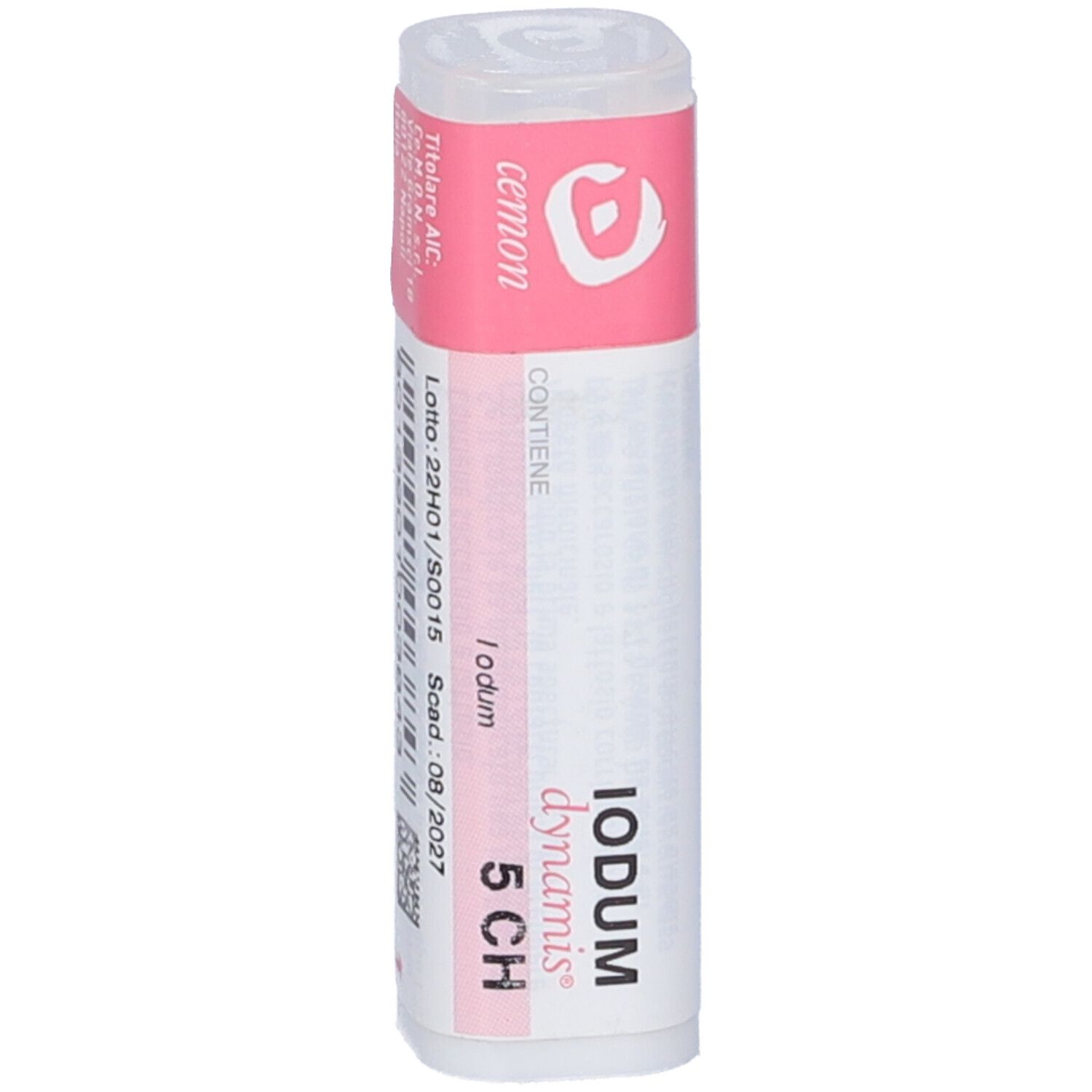 Confezione cilindrica bianca con fascia rosa. Scritta: Iodum dynamis 5 CH, cemom.