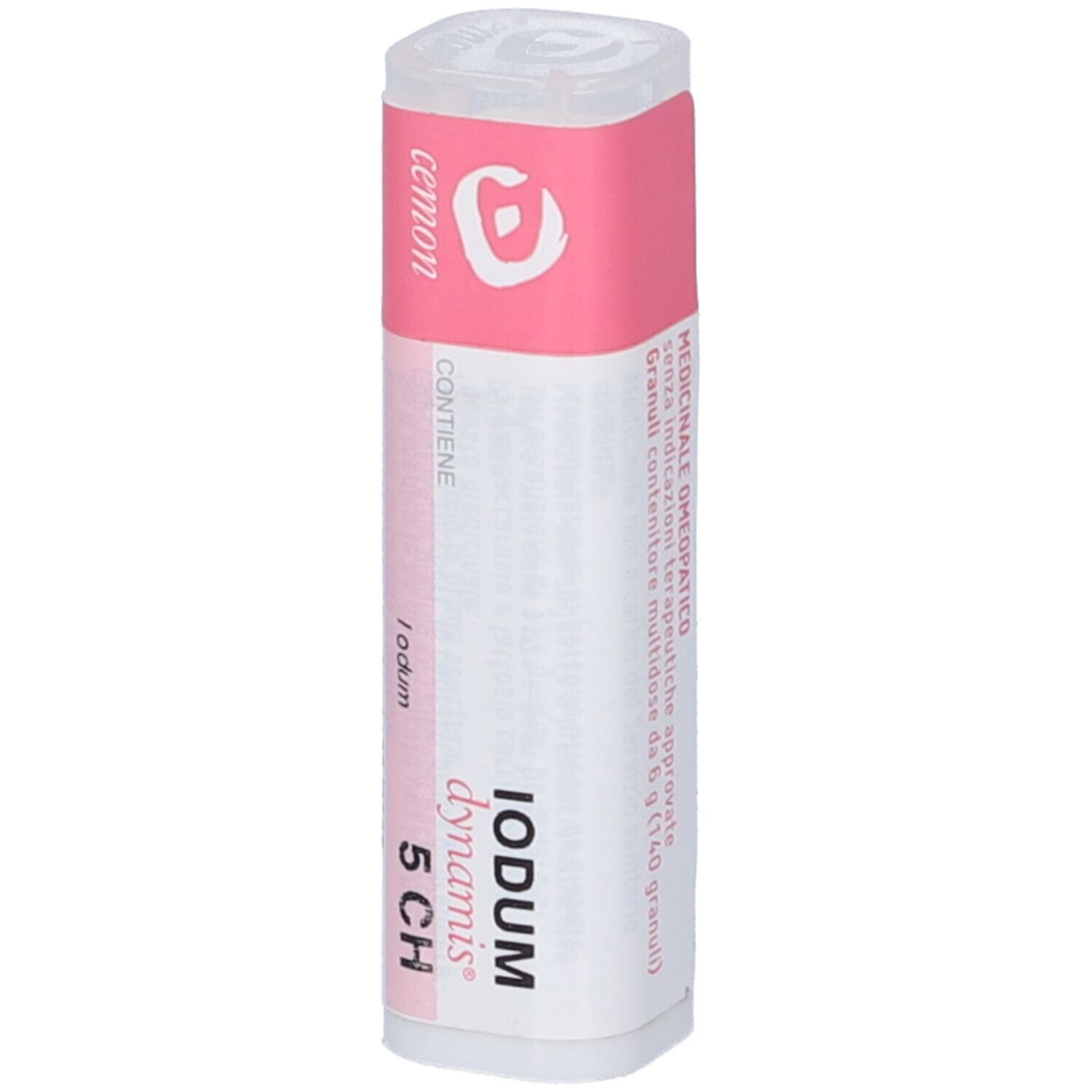 Confezione cilindrica bianca con fascia rosa. Scritta: Iodum dynamis 5 CH, cemom.