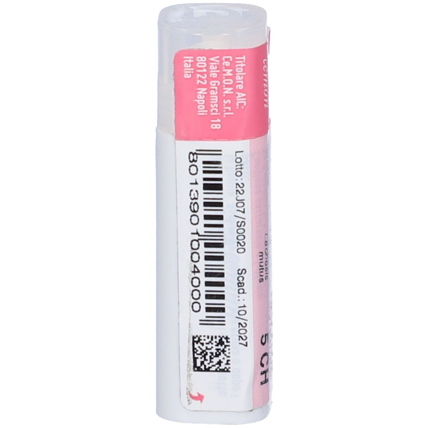 Confezione cilindrica con etichetta rosa. Codice a barre e testo: Lachesis mutus 5 CH, cemon.