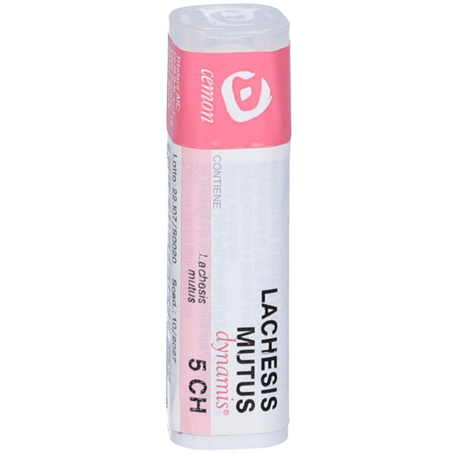 Confezione cilindrica con etichetta rosa. Scritta: Lachesis mutus 5 CH, cemon.