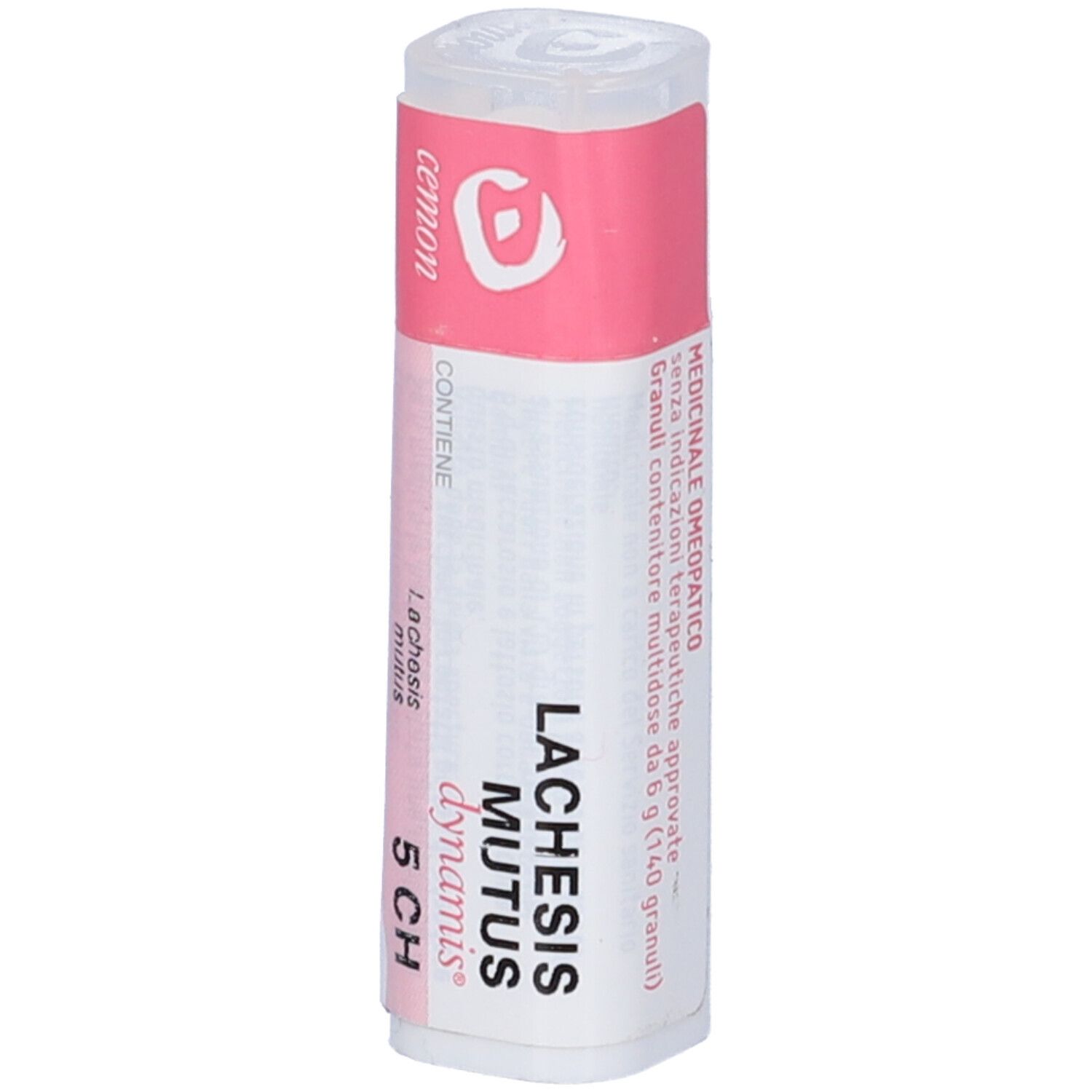 Confezione cilindrica con etichetta rosa. Scritta: Lachesis mutus 5 CH, cemon.