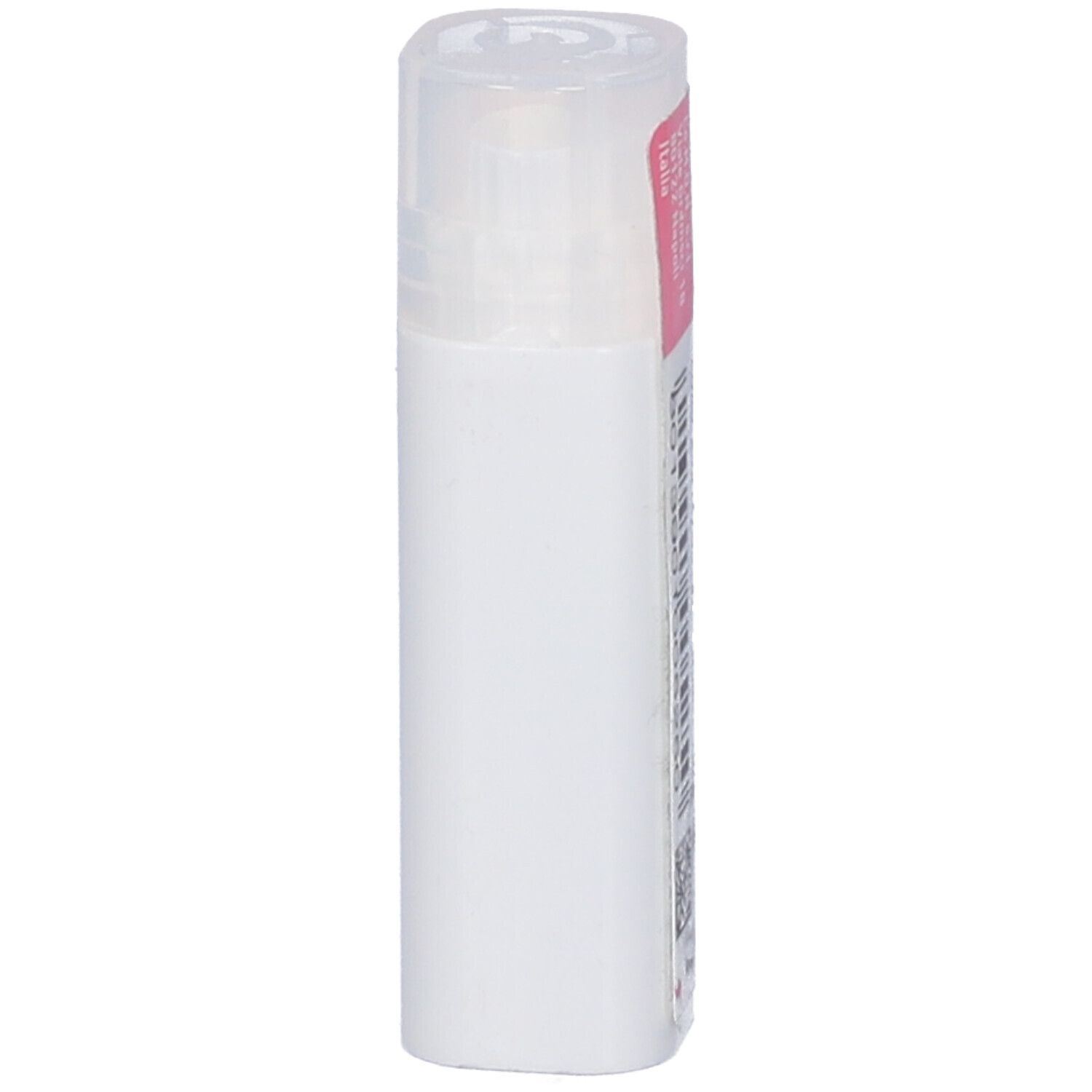 Confezione cilindrica bianca con etichetta rosa. Coperchio trasparente. Nessun altro dettaglio visibile.
