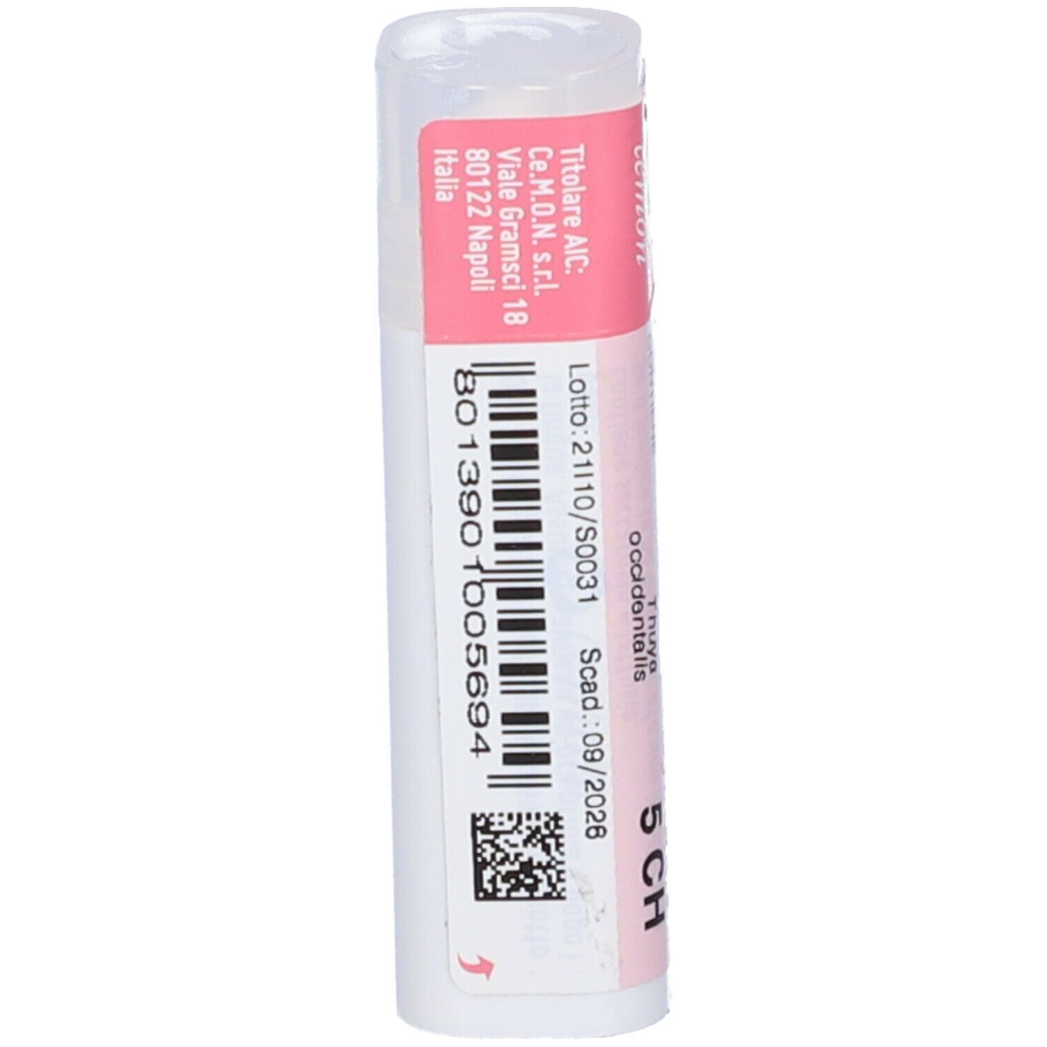 Confezione cilindrica con etichetta rosa e bianca. Testo: Cemon, Thuya occidentalis 5 CH. Retro con codice a barre e informazioni.