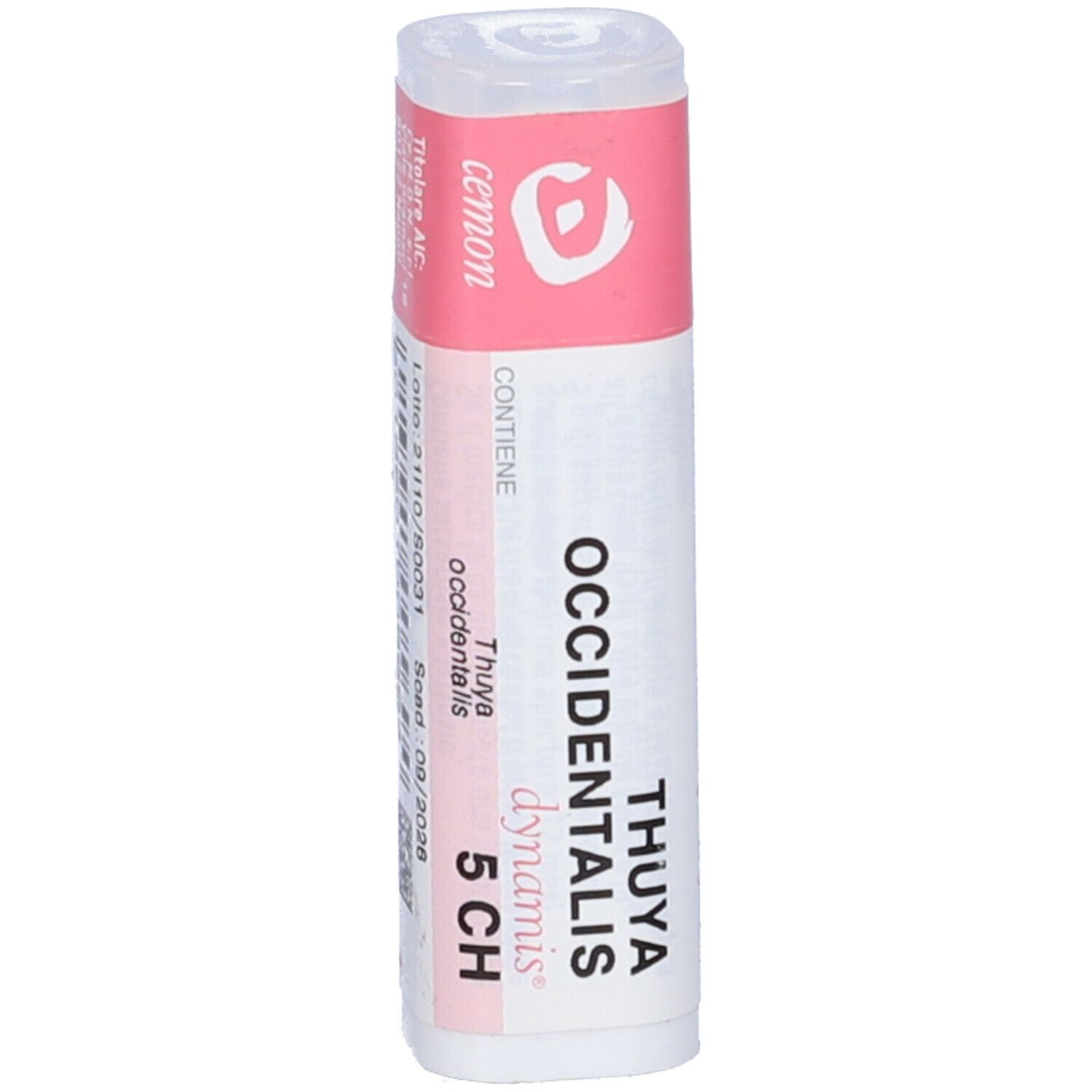 Confezione cilindrica con etichetta rosa e bianca. Testo: Cemon, Thuya occidentalis 5 CH.
