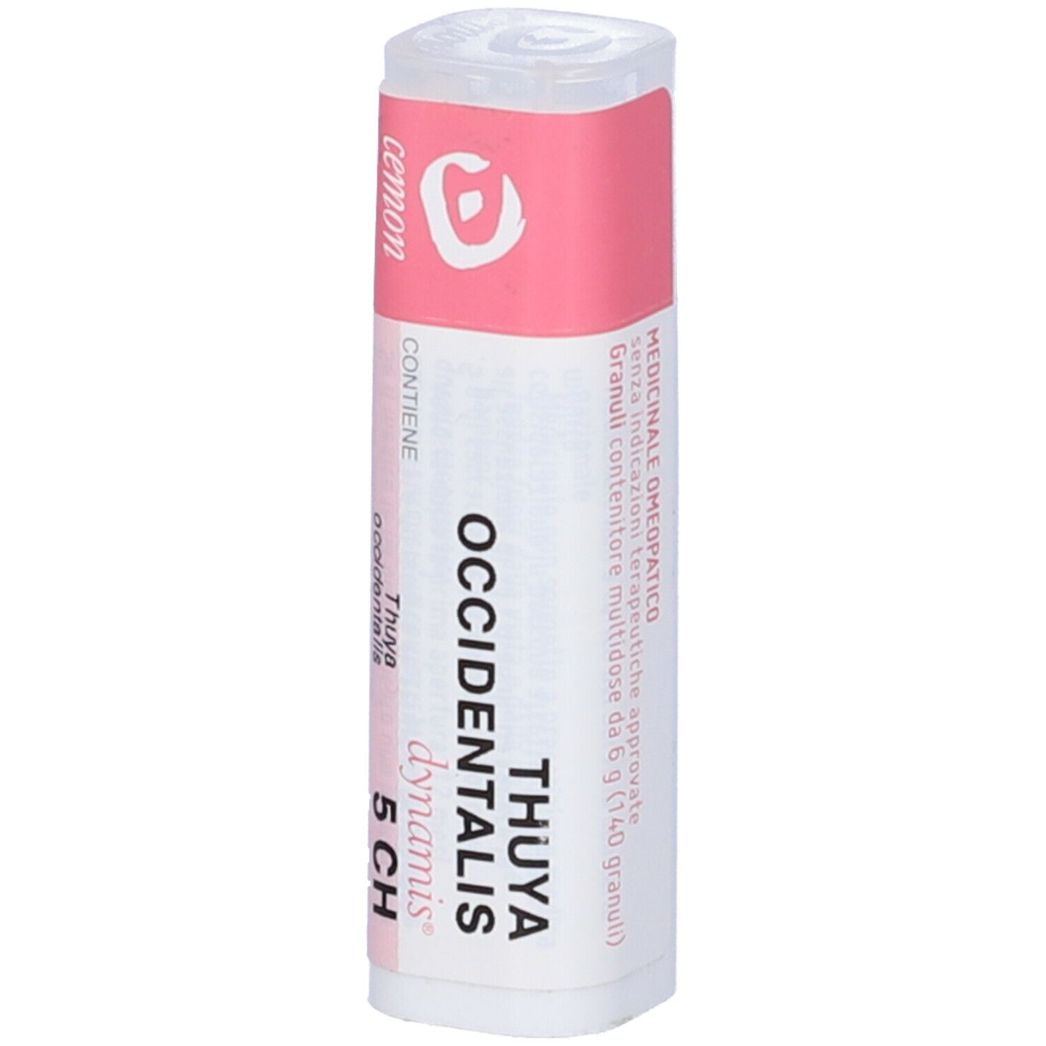 Confezione cilindrica con etichetta rosa e bianca. Testo: Cemon, Thuya occidentalis 5 CH. Testo aggiuntivo.