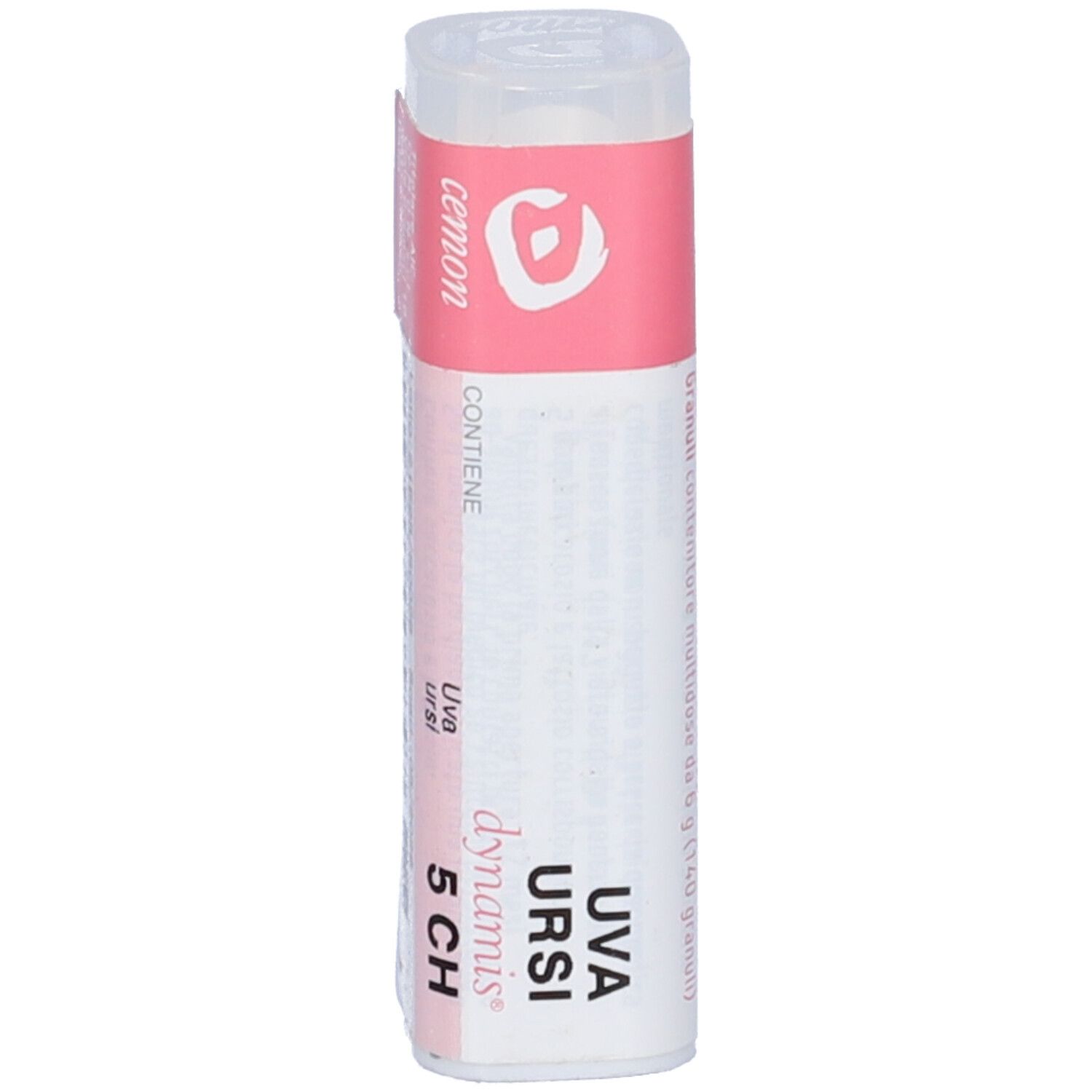 Confezione cilindrica con etichetta rosa. Contiene granuli. Scritta: Uva Ursi 5 CH, Cemon.