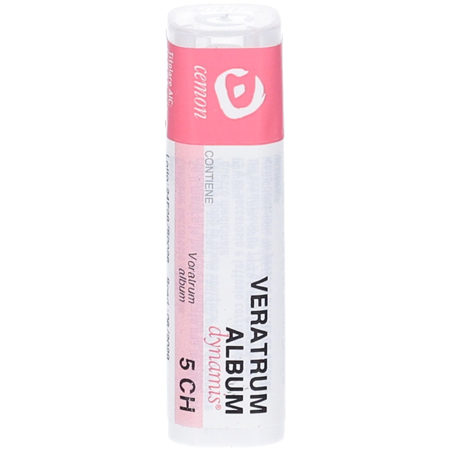 Confezione cilindrica con etichetta rosa. Scritta: Veratrum album dynamis 5 CH. Marchio: cemon. Contiene granuli omeopatici.