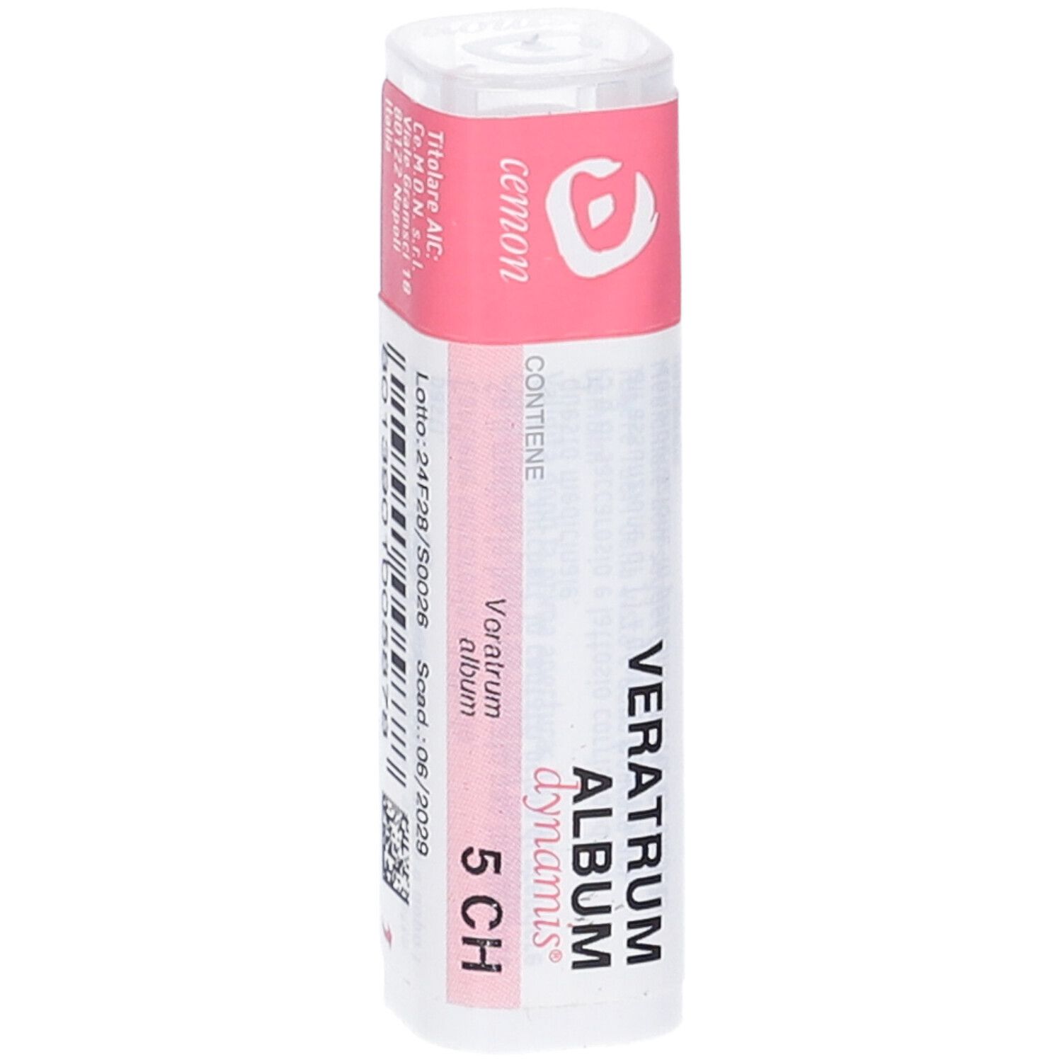 Confezione cilindrica con etichetta rosa. Scritta: Veratrum album dynamis 5 CH. Marchio: cemon. Contiene granuli omeopatici. Codice a barre.