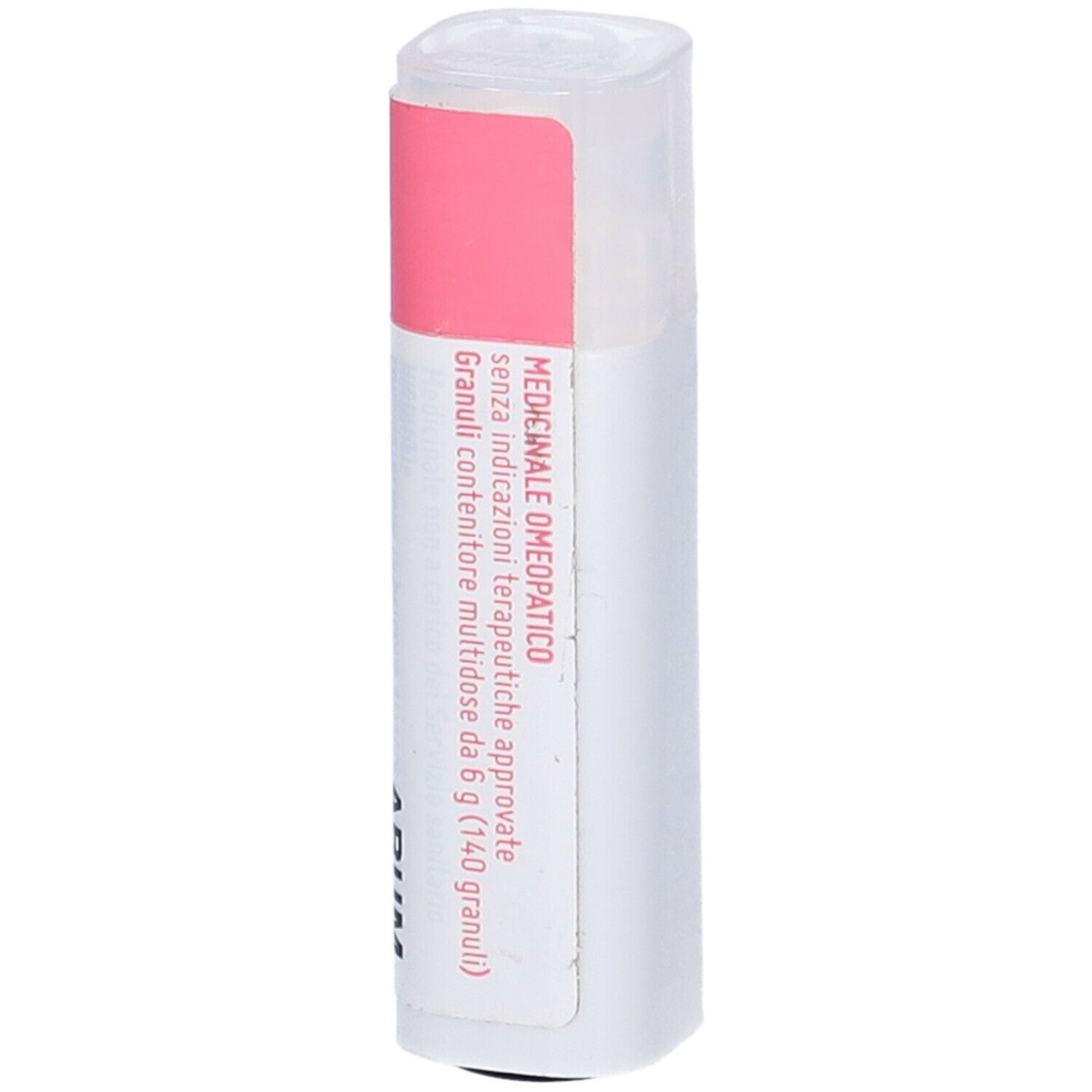 Confezione cilindrica con etichetta rosa. Testo: Medicinale omeopatico. Contenitore di granuli.