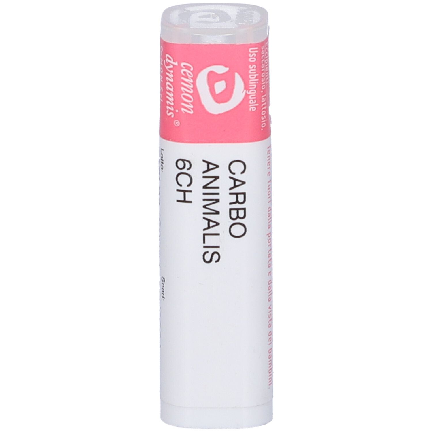 Confezione cilindrica con etichetta rosa. Scritta: Carbo Animalis 6CH.
