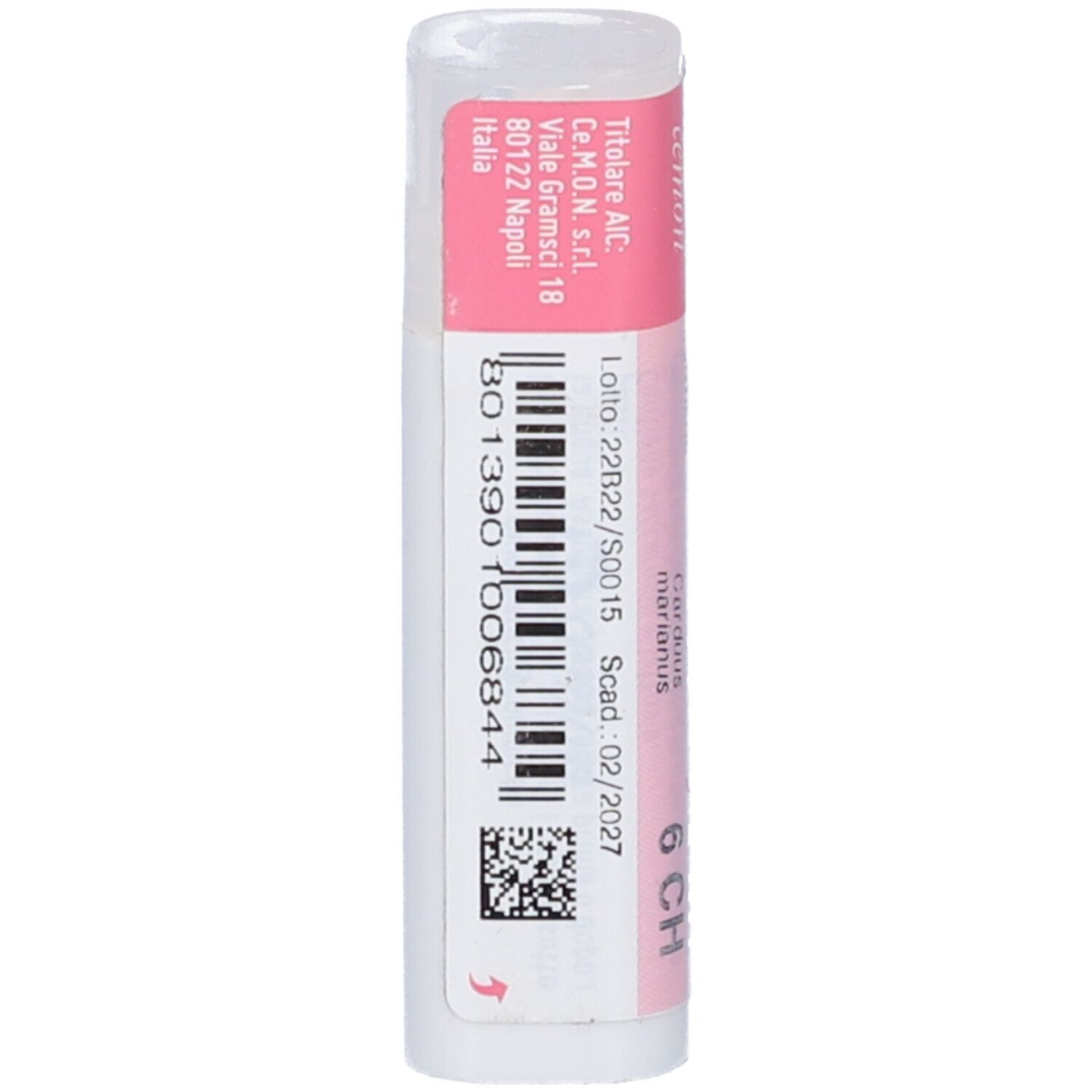 Confezione cilindrica con etichetta rosa e bianca. Codice a barre e testo.